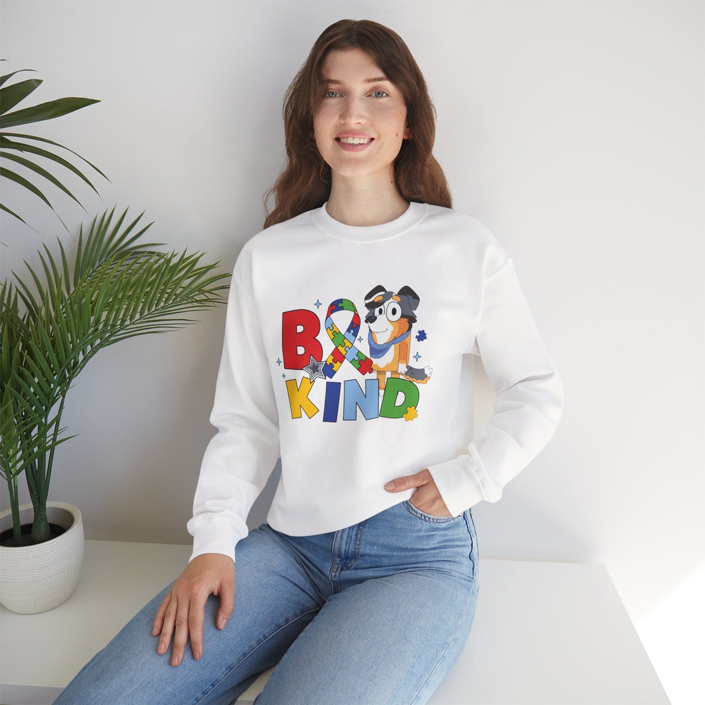 Be Kind Crewneck Sweatshirt — Autism Awareness Puzzle Ribbon Dog Design