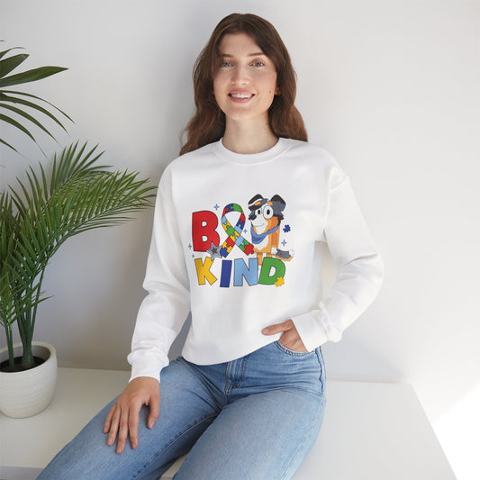 Be Kind Crewneck Sweatshirt — Autism Awareness Puzzle Ribbon Dog Design