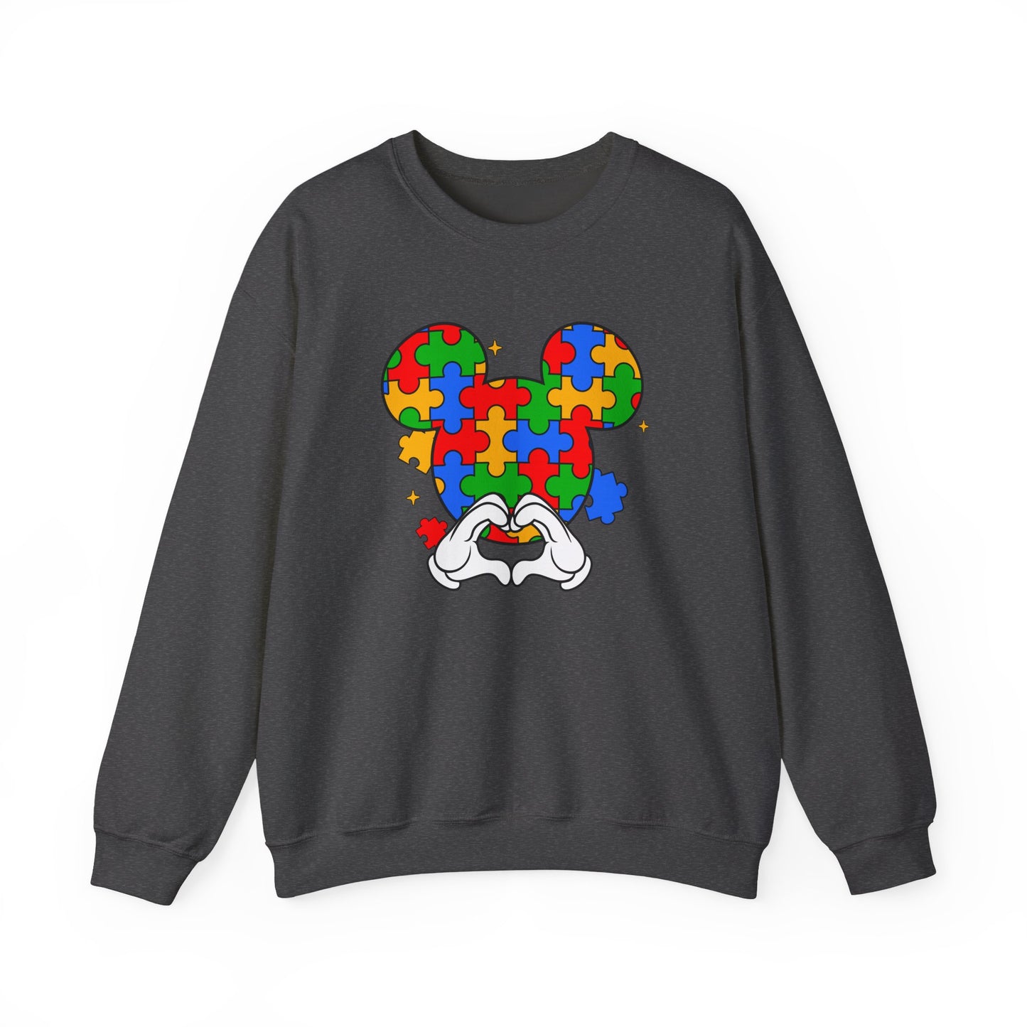 Autism Puzzle Mouse Crewneck Sweatshirt – Colorful Heart Hands Design