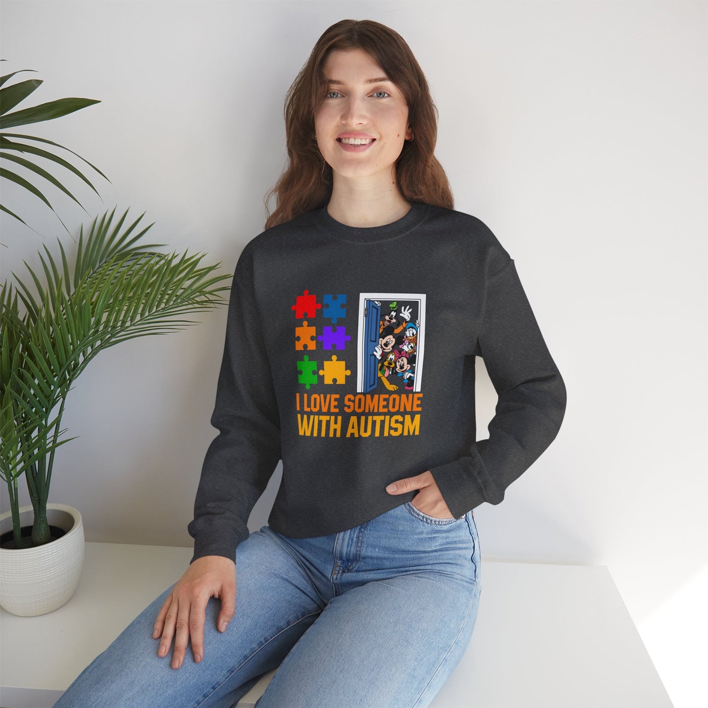 Autism Awareness Crewneck Sweatshirt — "I Love Someone With Autism" Puzzle Heart Design