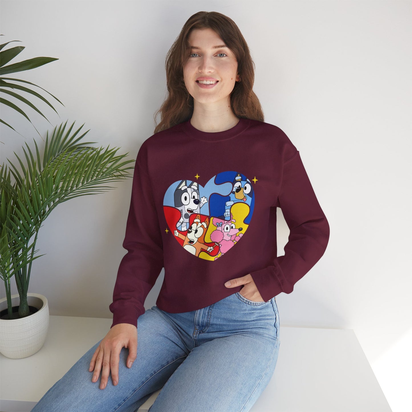 Cartoon Heart Crewneck Sweatshirt — Cute Colorful Character Patch Design