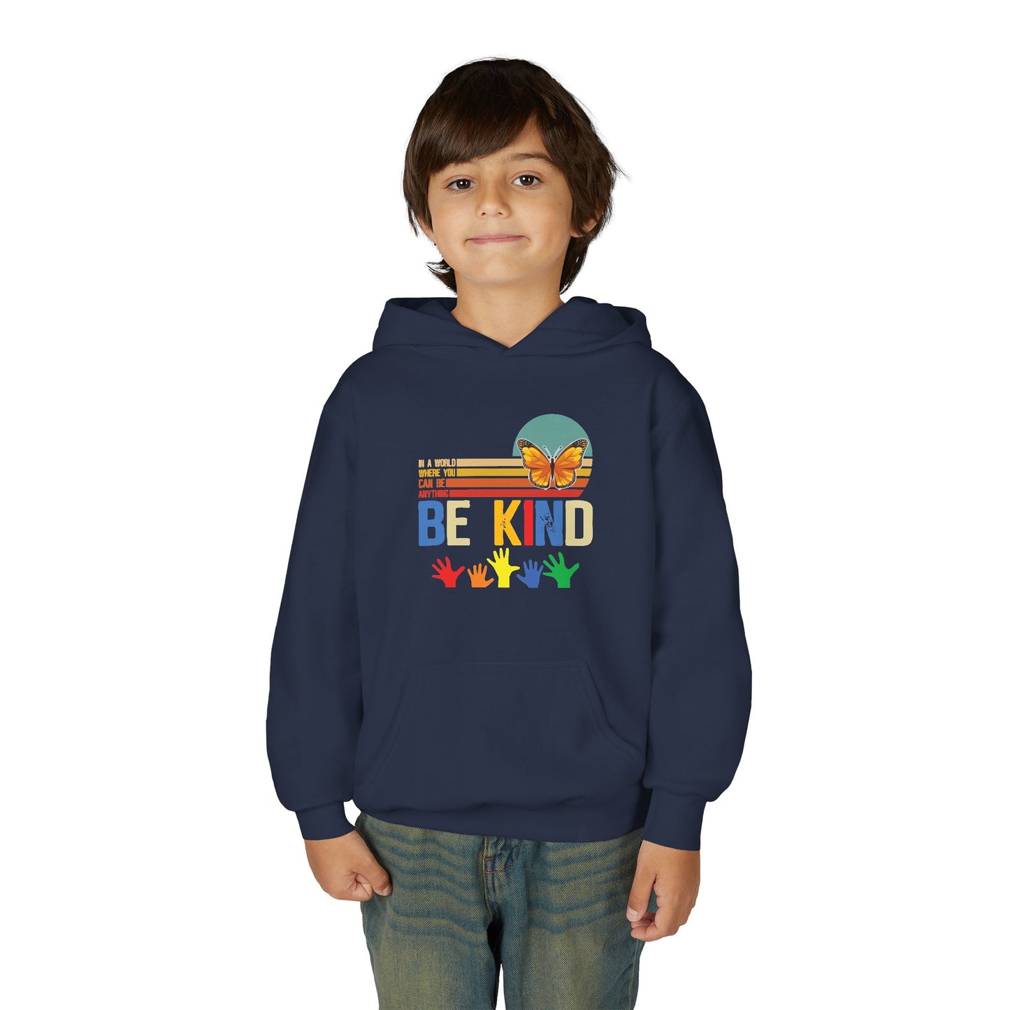 Be Kind Youth Hoodie - Colorful Butterfly & Handprint Design
