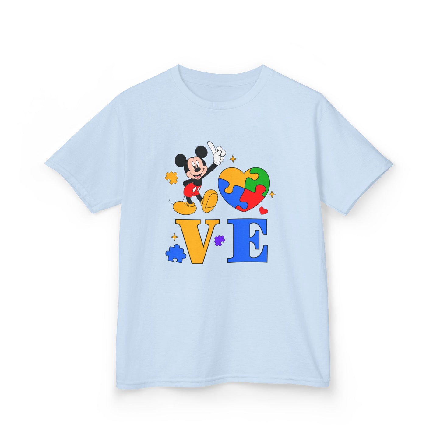 Kids Autism Awareness LOVE T‑Shirt — Puzzle Heart & Cartoon Character Design