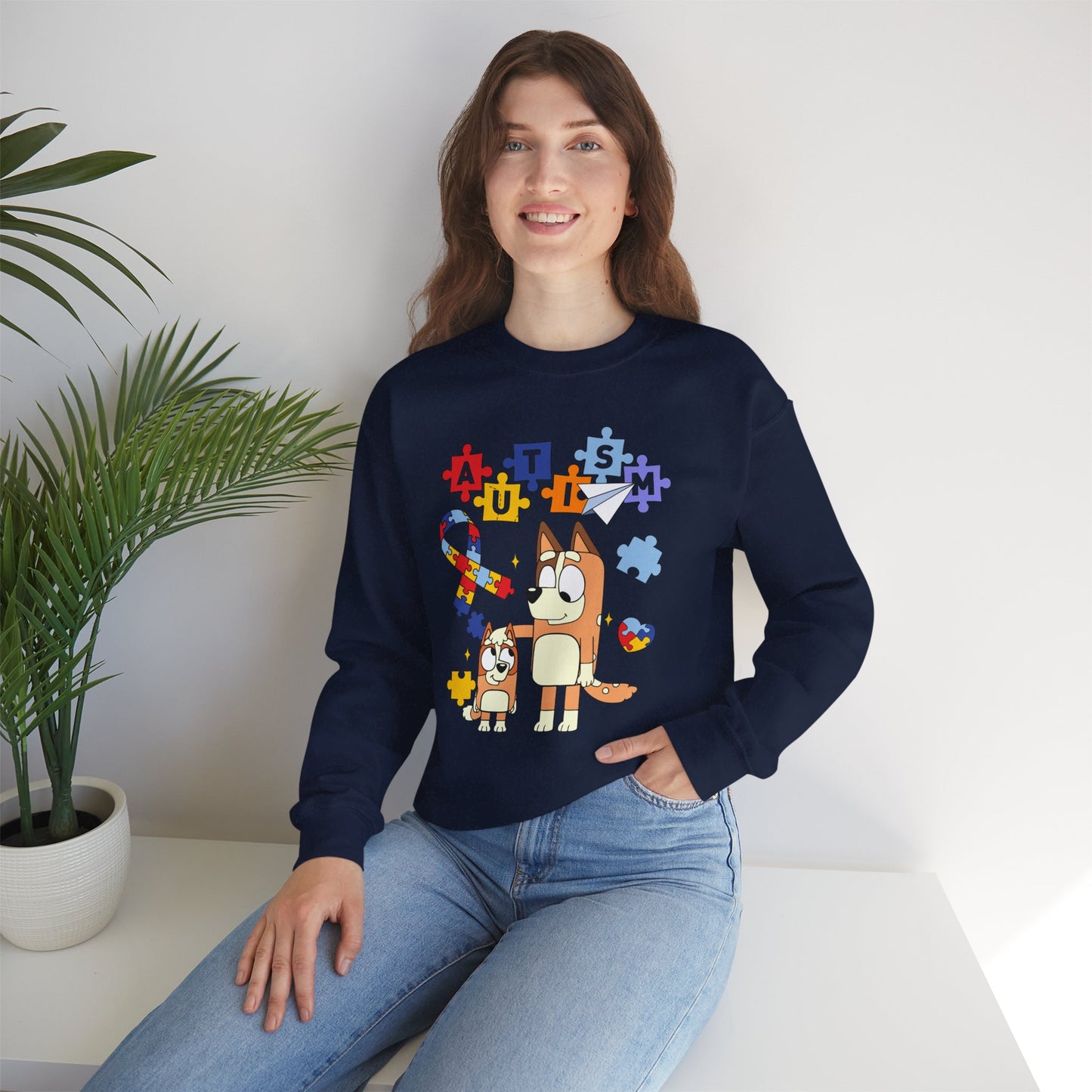 Autism Awareness Crewneck Sweatshirt — Puzzle Ribbon & Cartoon Dogs