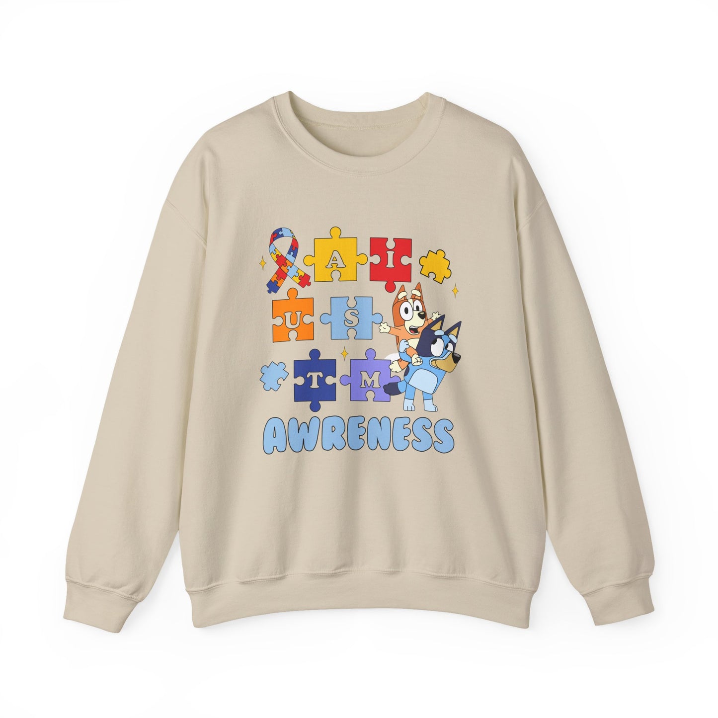 Autism Awareness Crewneck Sweatshirt — Puzzle Ribbon Support Design