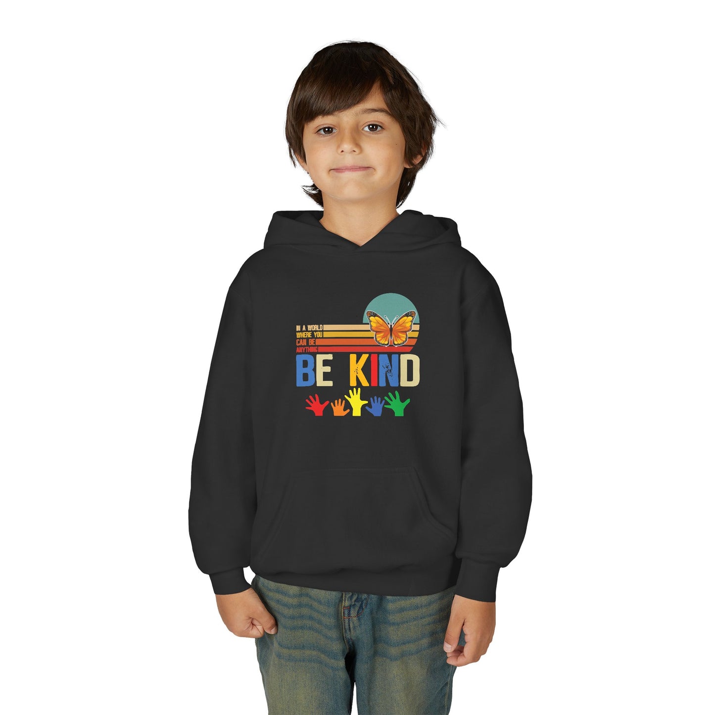 Be Kind Youth Hoodie - Colorful Butterfly & Handprint Design