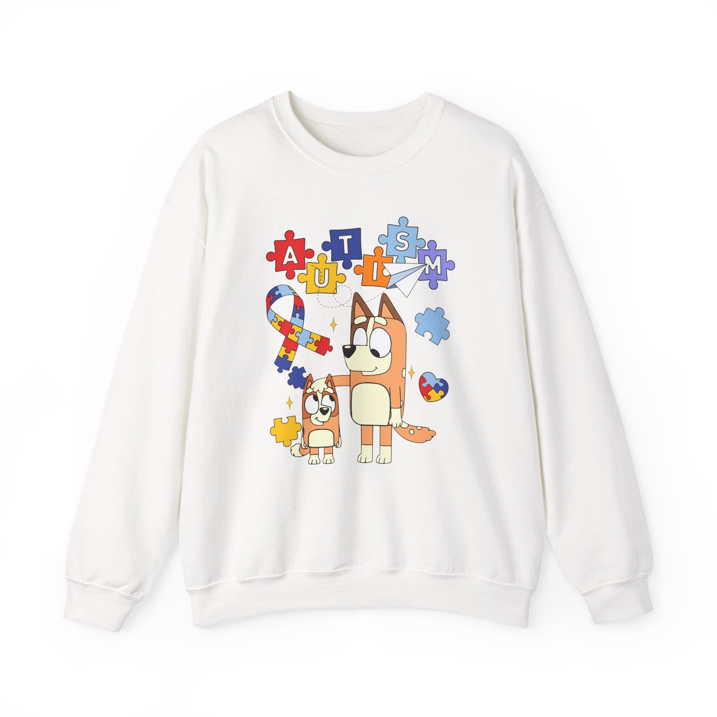 Autism Awareness Crewneck Sweatshirt — Puzzle Ribbon & Cartoon Dogs