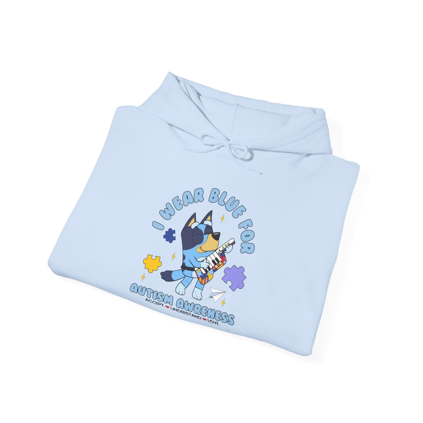 Hoodie — Cute Blue Dog “I Wear Blue for Autism” Graphic Hoodie (Cozy Pet Lover Gift)