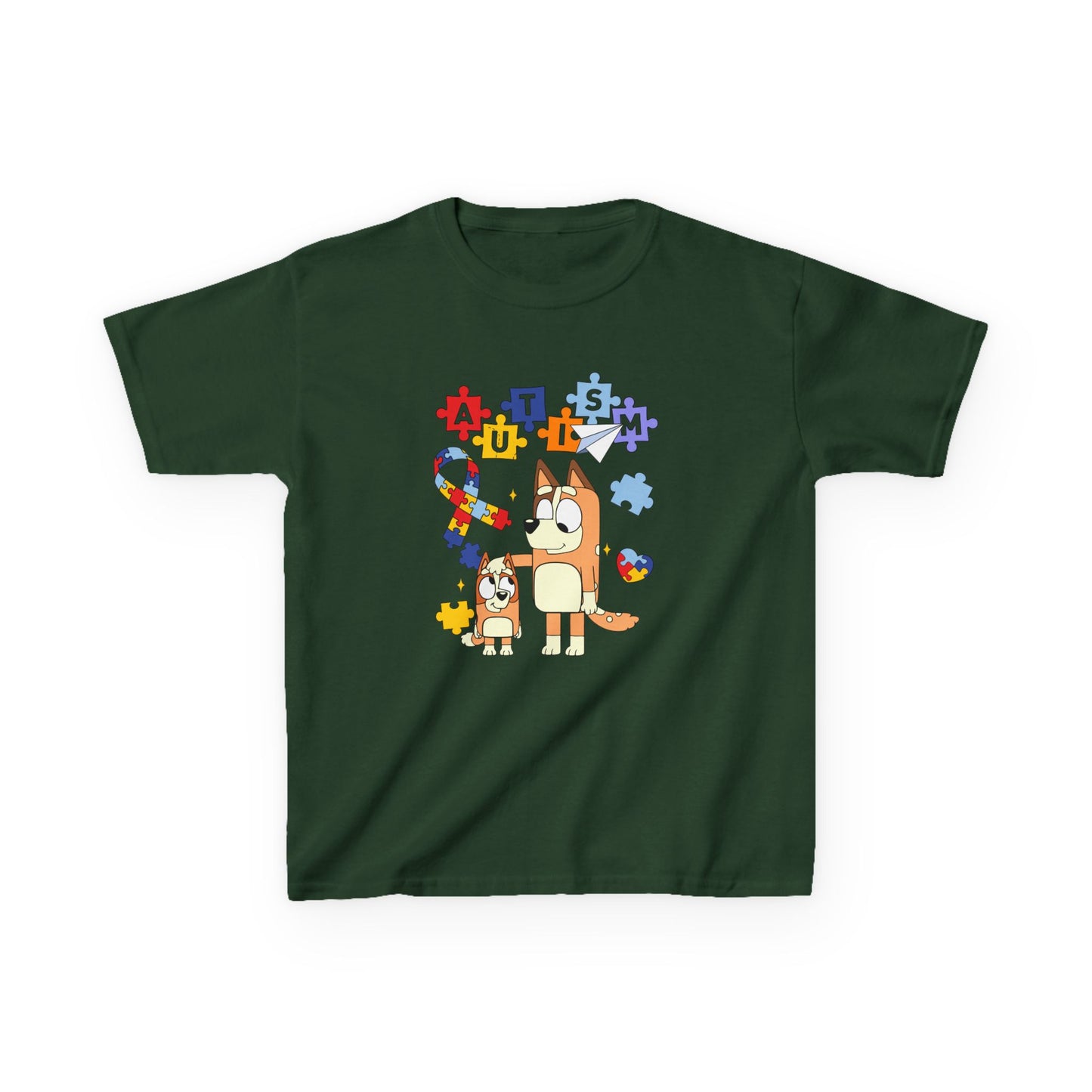Kids Autism Awareness T-Shirt — Colorful Puzzle Heart & Cartoon Dog Design