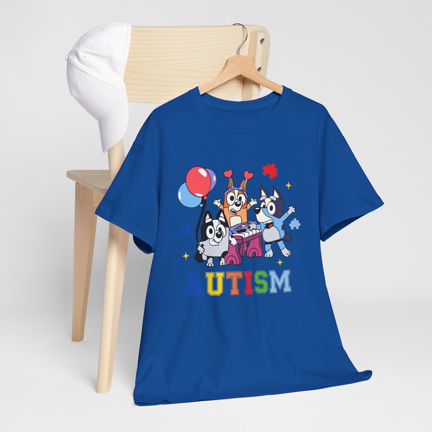 Autism Awareness Kids Tee — Colorful Cartoon Characters with 'AUTISM' Text