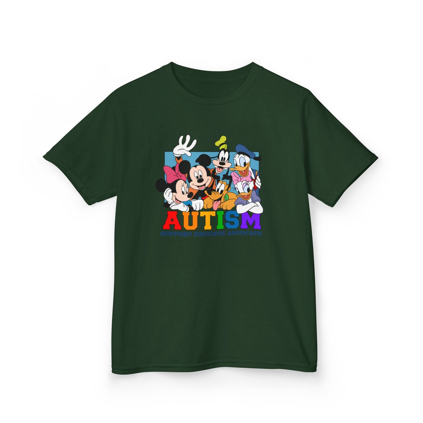 Kids Autism Awareness T-Shirt — Support, Educate, Advocate (Rainbow Letters)