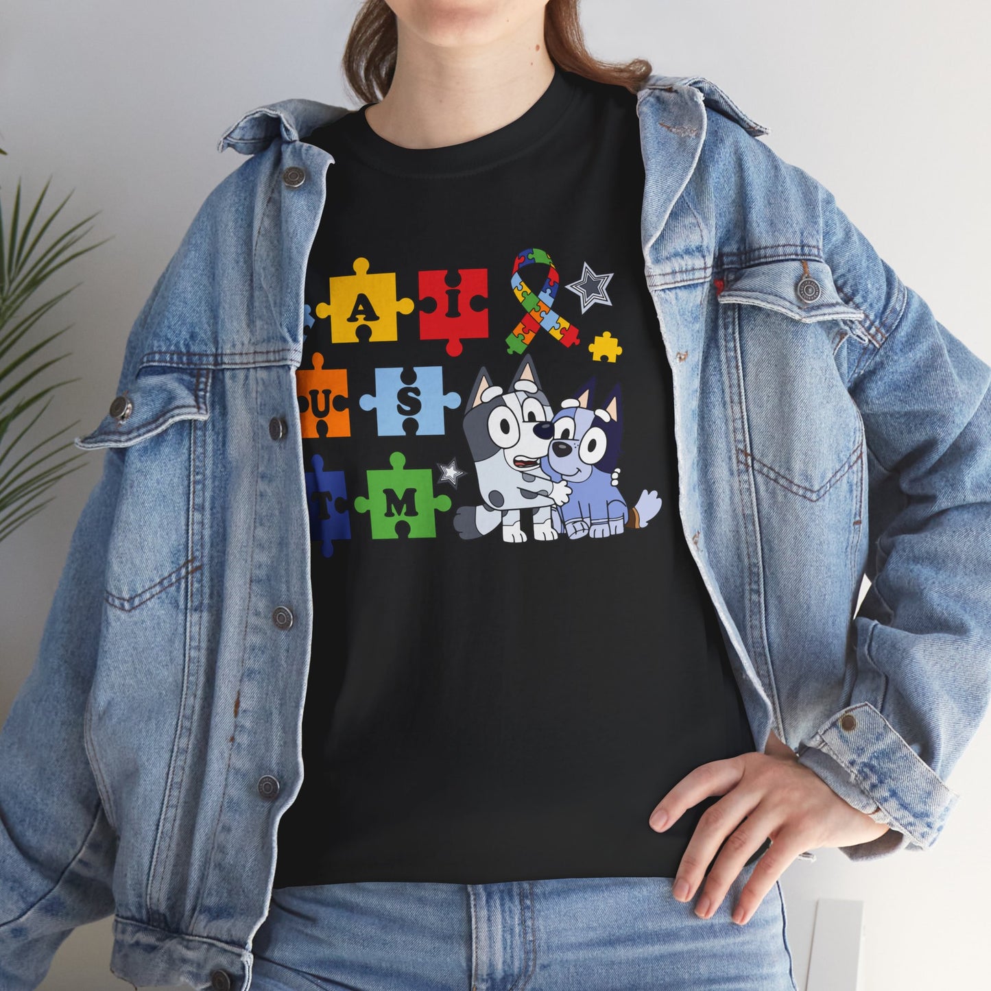 Autism Awareness Puzzle Pieces T-Shirt with Cute Husky & Ribbon