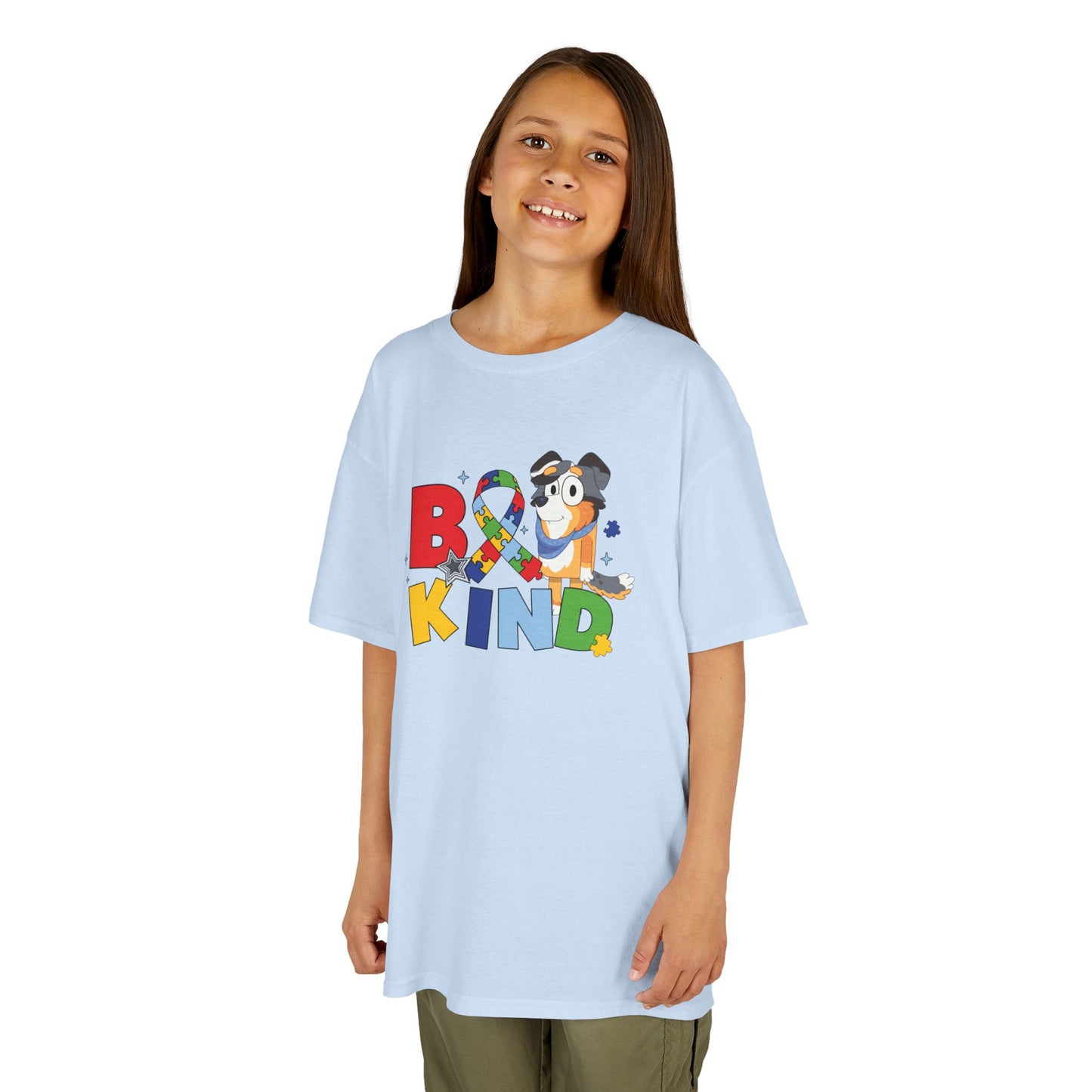 Kids Tee — "Be Kind" Colorful Autism Awareness Ribbon Design