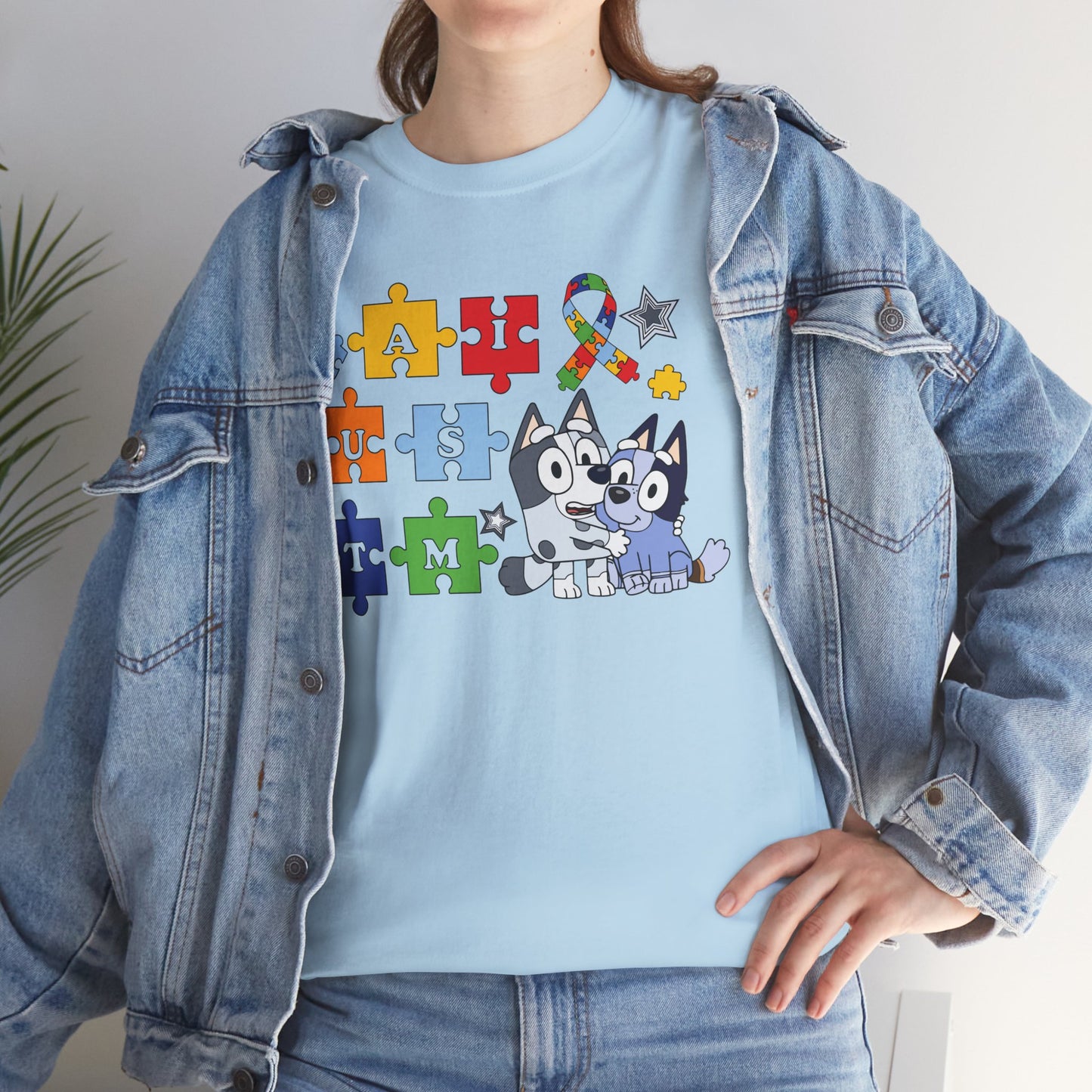 Autism Awareness Puzzle Pieces T-Shirt with Cute Husky & Ribbon