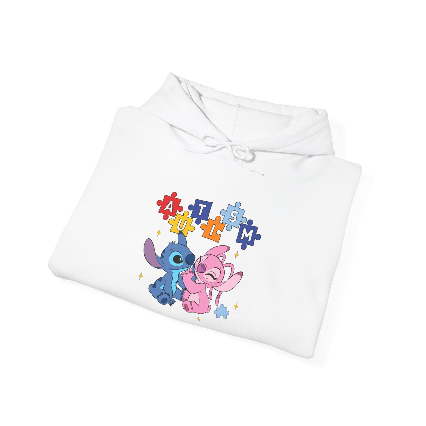 Cute Alien Pals Hoodie — Pink & Blue Cartoon Stitch-Style Characters with Puzzle Heart
