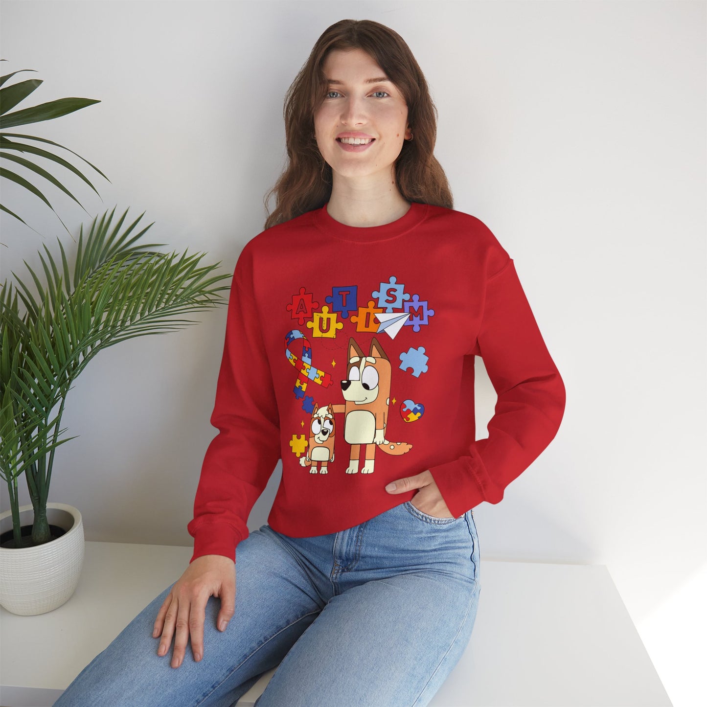 Autism Awareness Crewneck Sweatshirt — Puzzle Ribbon & Cartoon Dogs