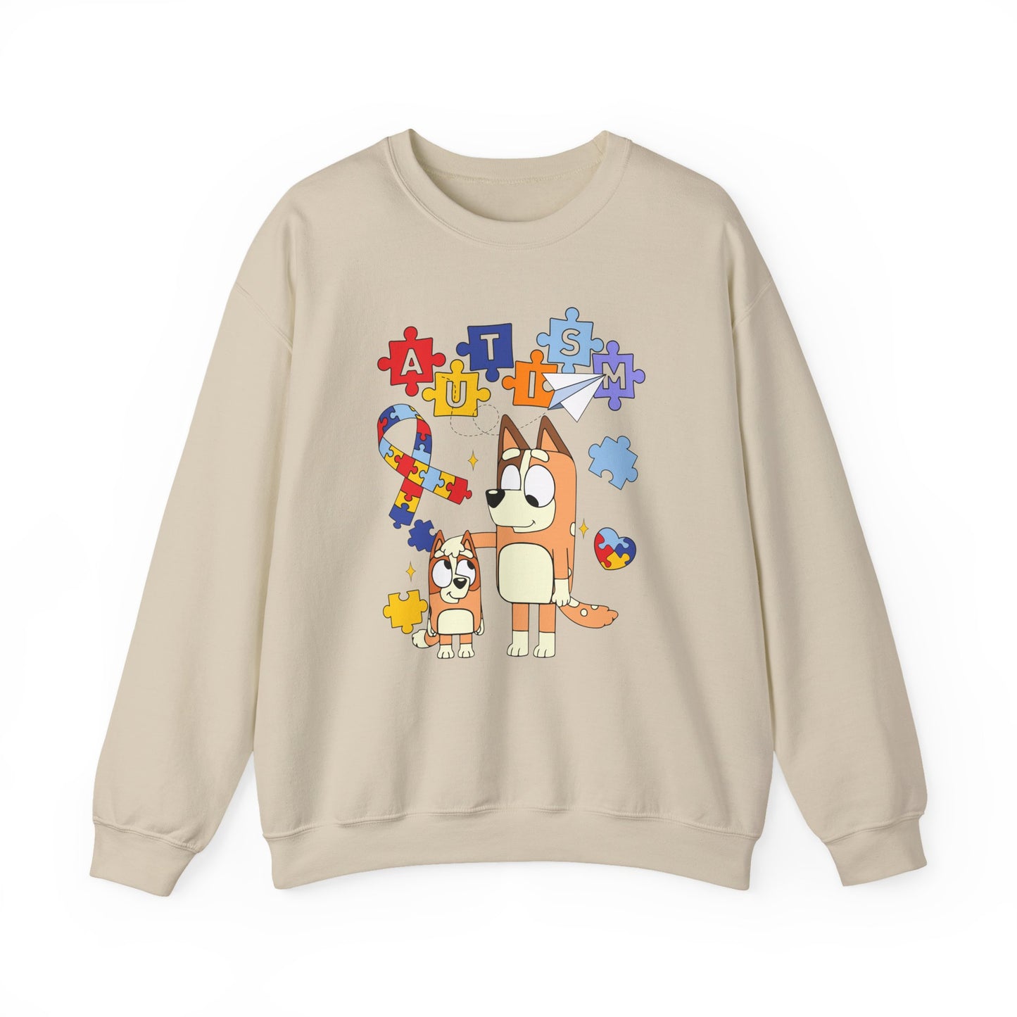 Autism Awareness Crewneck Sweatshirt — Puzzle Ribbon & Cartoon Dogs