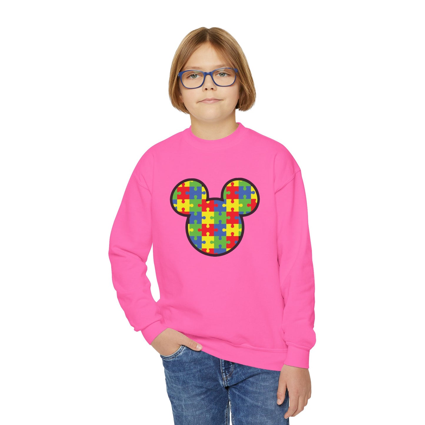Puzzle Mickey Youth Crewneck Sweatshirt - Colorful Autism Awareness Design