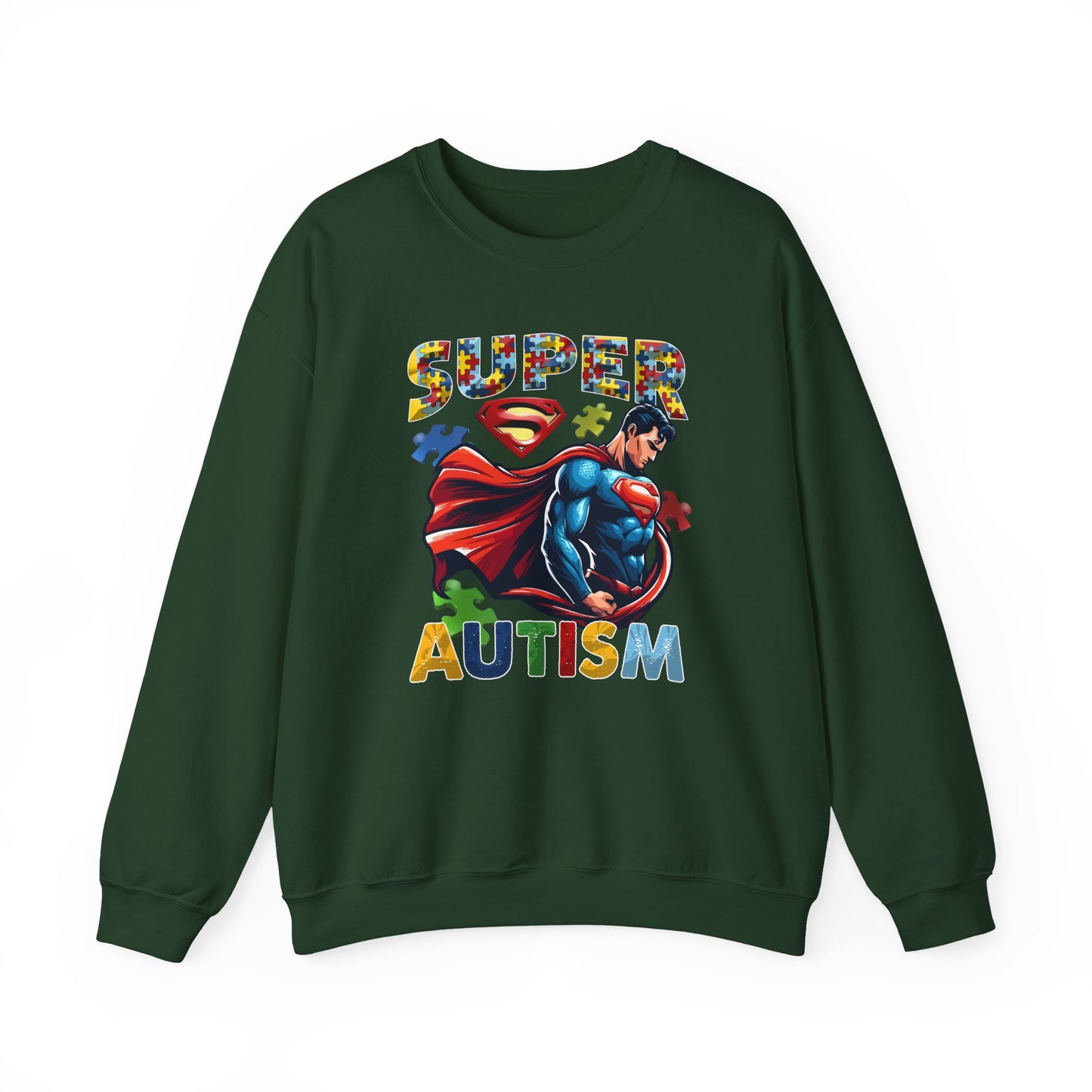 Autism Awareness Crewneck Sweatshirt – "Super Autism" Puzzle-Print Superhero Design