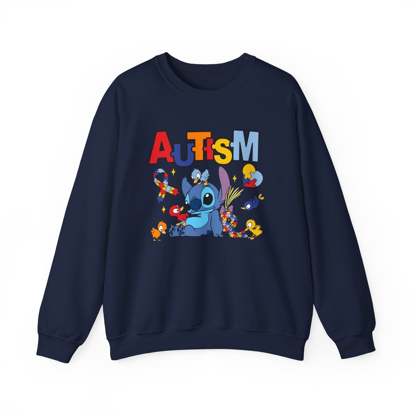 Autism Awareness Crewneck Sweatshirt — Colorful Puzzle Ribbon Stitch-Inspired Design