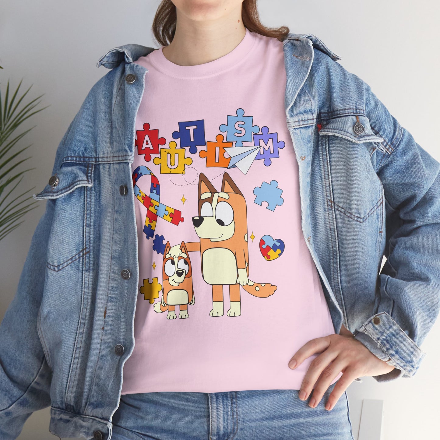 Autism Awareness Puzzle Ribbon Tee — Cute Red Dog Family Design
