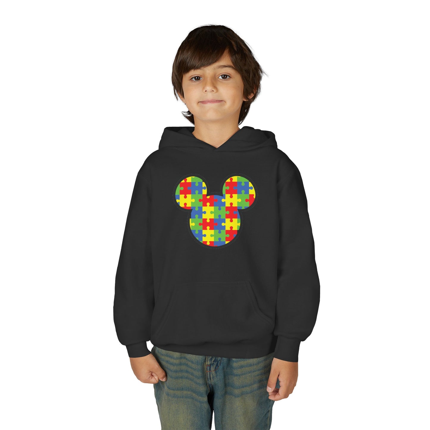 Colorful Puzzle Mickey Mouse Youth Hoodie - Perfect for Autism Awareness