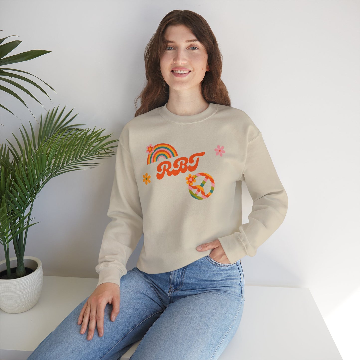 Retro Peace Rainbow Crewneck Sweatshirt — RBT Floral Groovy Design