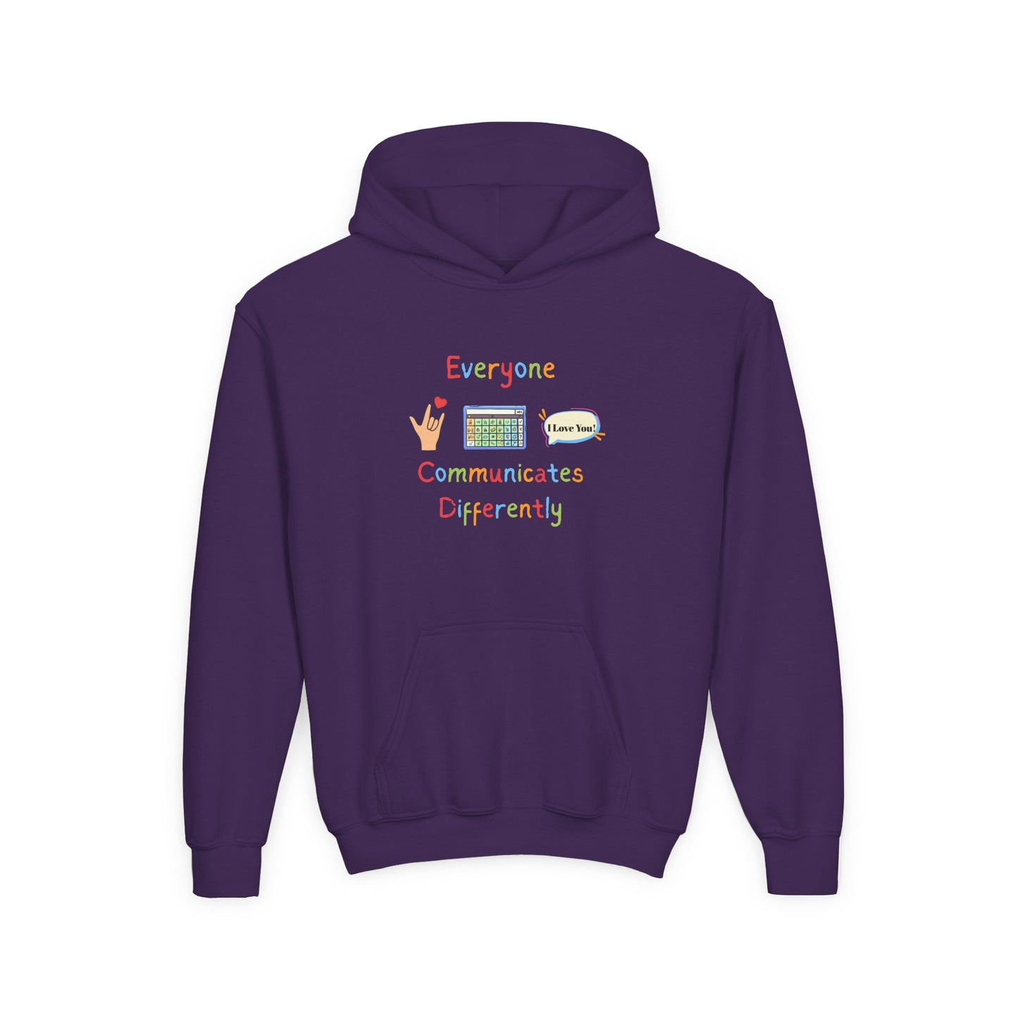 Youth Hoodie — "Everyone Communicates Differently" AAC Awareness Hoodie