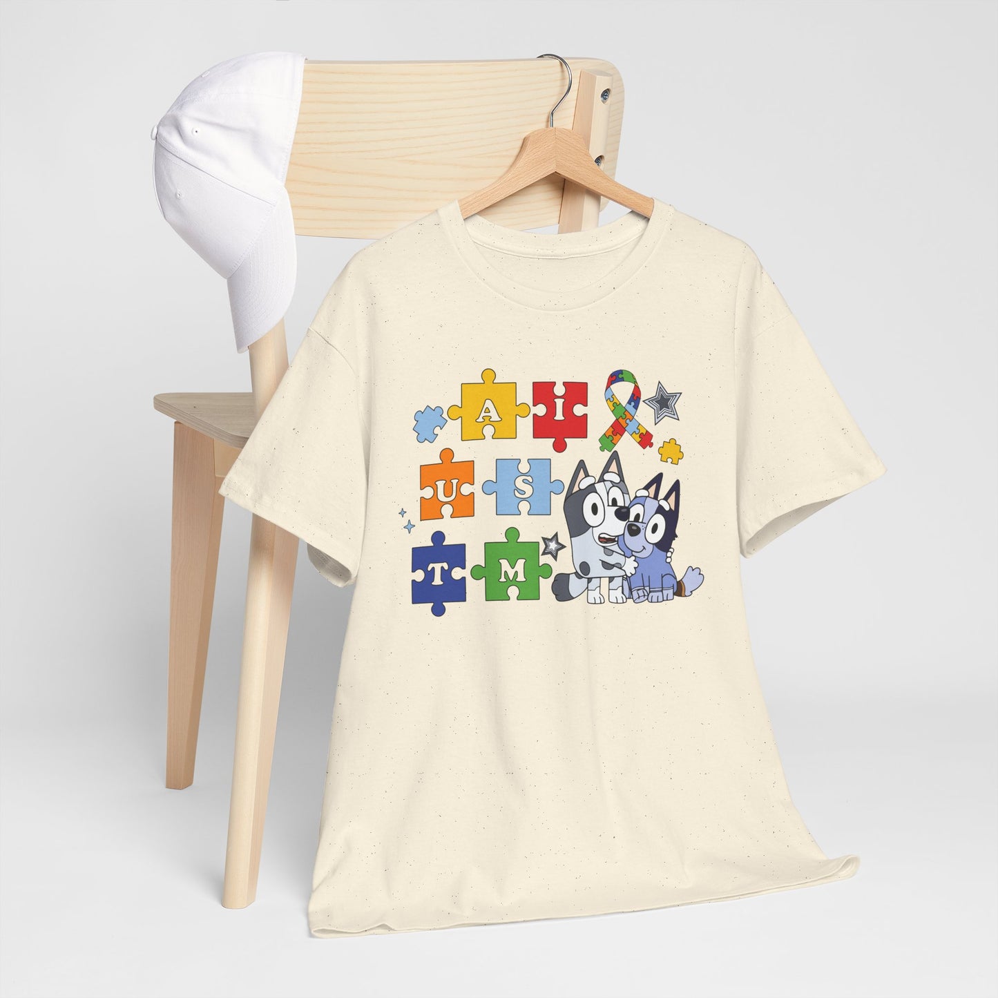 Autism Awareness Puzzle Pieces T-Shirt with Cute Husky & Ribbon