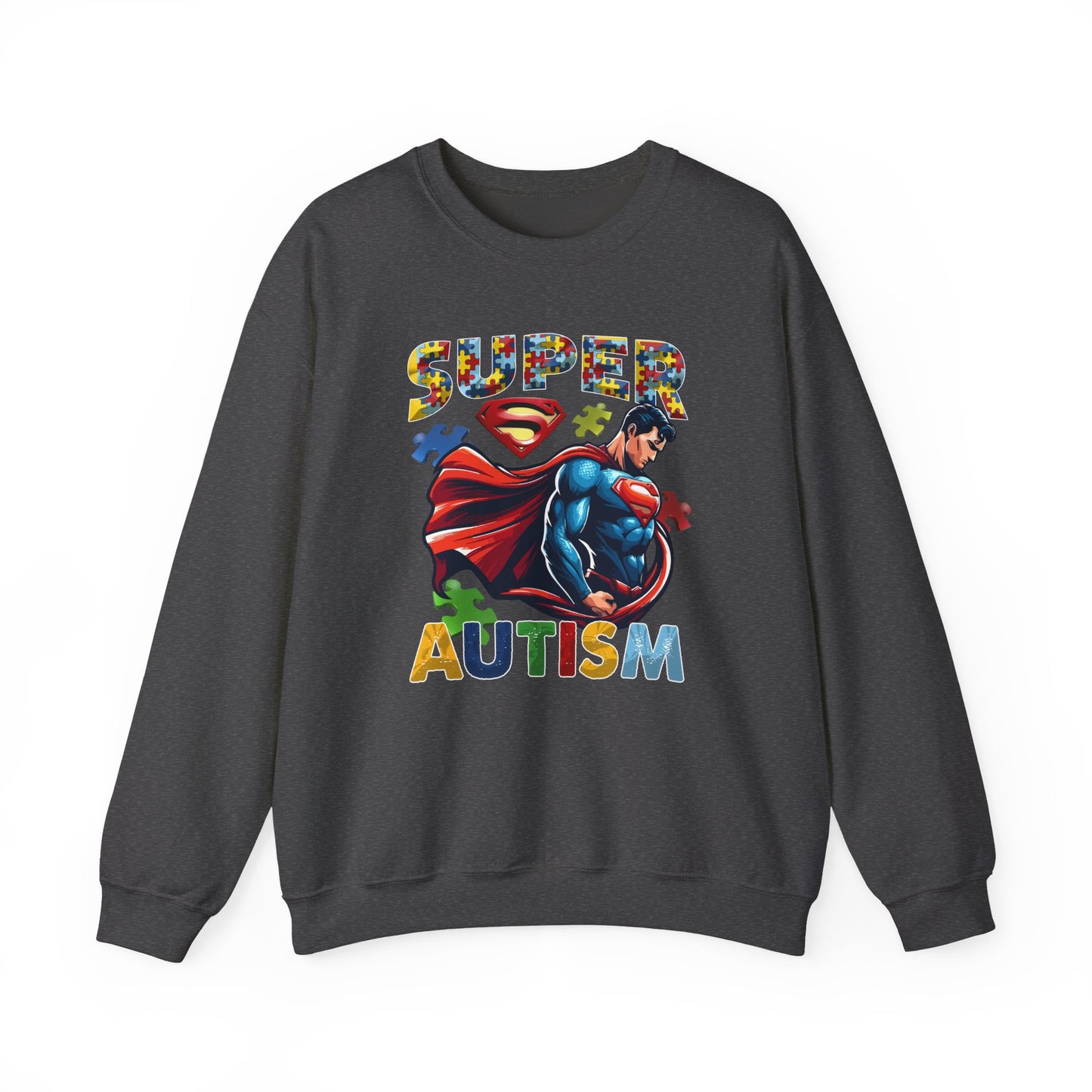 Autism Awareness Crewneck Sweatshirt – "Super Autism" Puzzle-Print Superhero Design