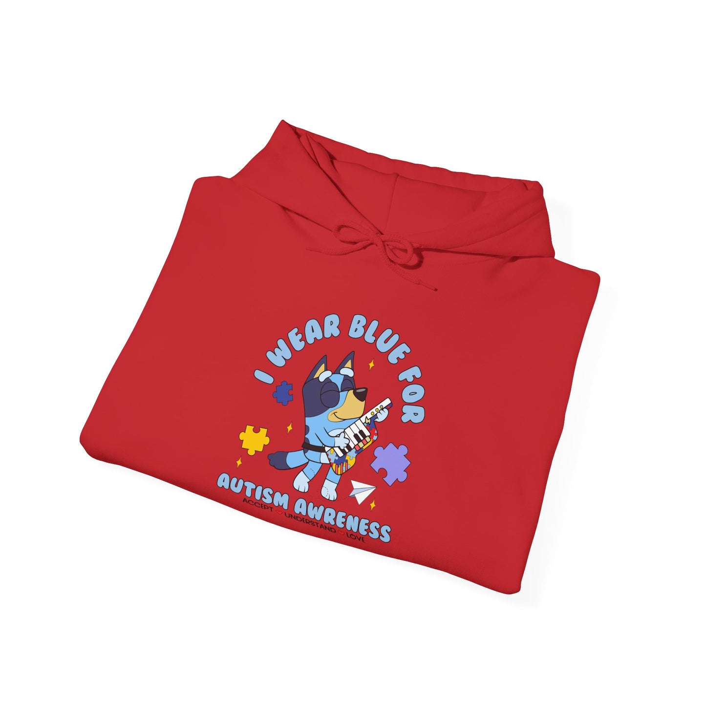 Hoodie — Cute Blue Dog “I Wear Blue for Autism” Graphic Hoodie (Cozy Pet Lover Gift)