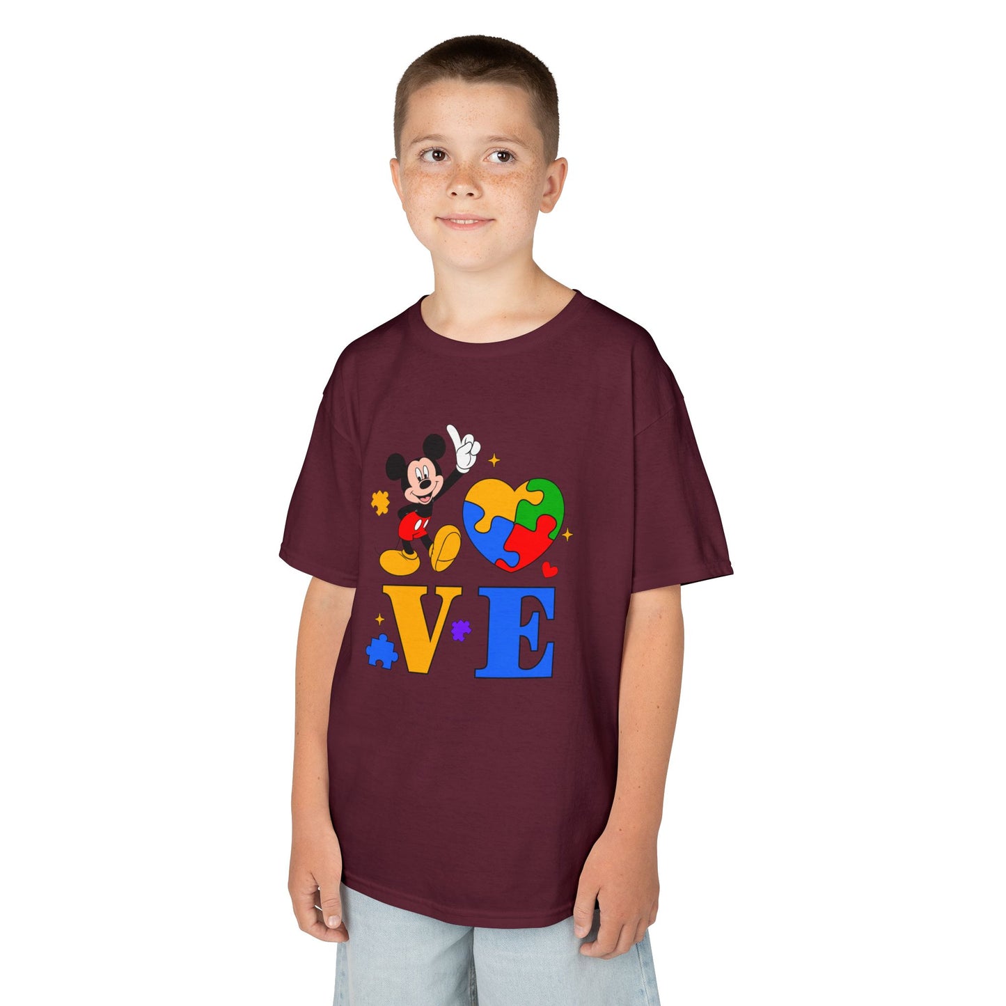 Kids Autism Awareness LOVE T‑Shirt — Puzzle Heart & Cartoon Character Design