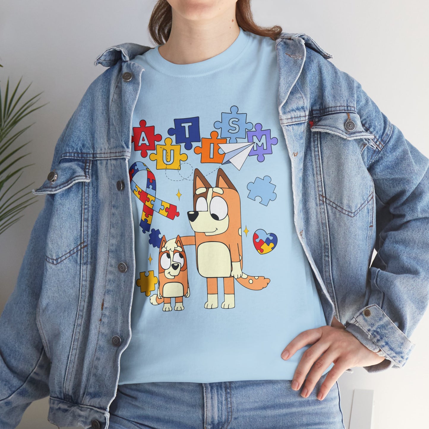 Autism Awareness Puzzle Ribbon Tee — Cute Red Dog Family Design