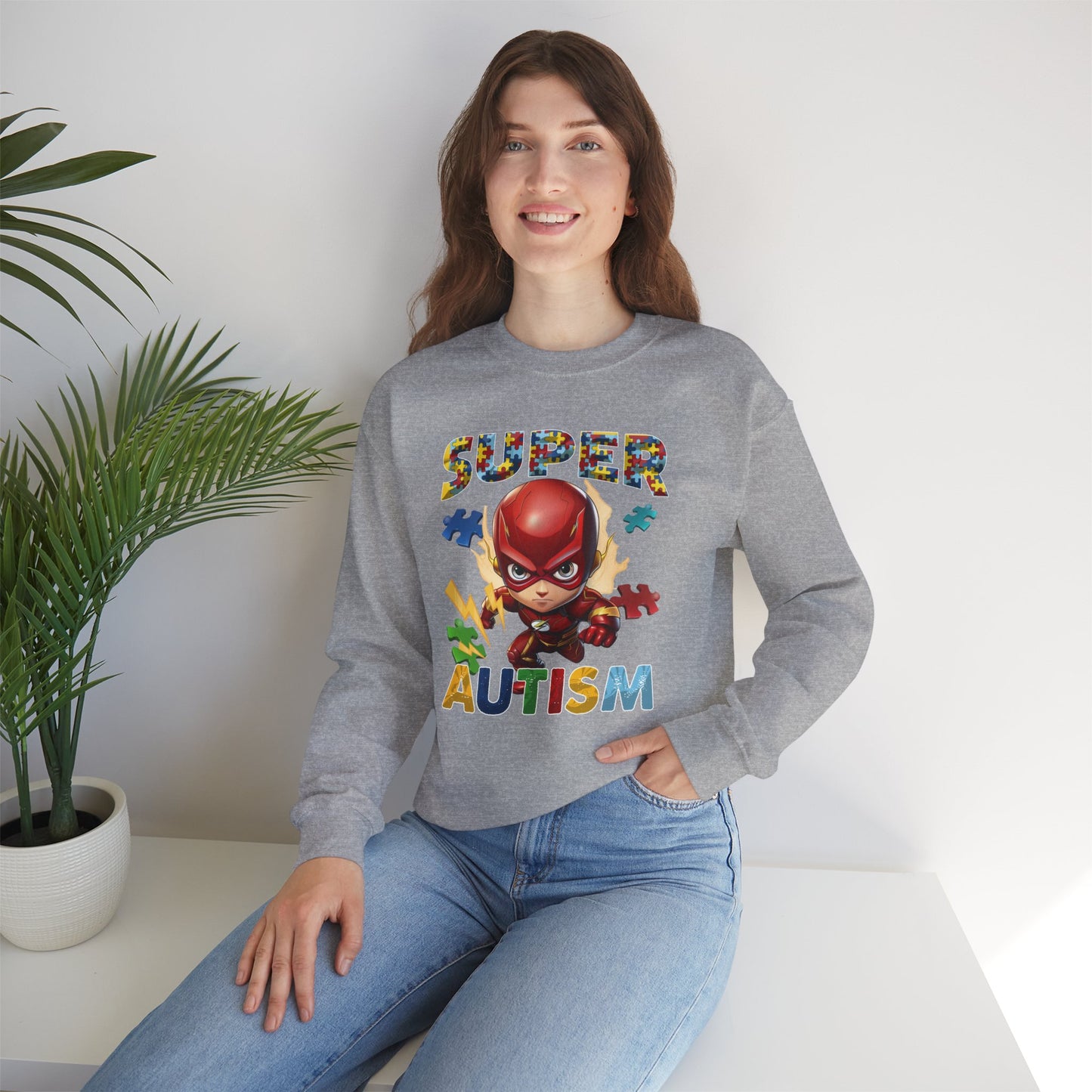 Autism Superhero Sweatshirt — Colorful Puzzle Piece Awareness Crewneck