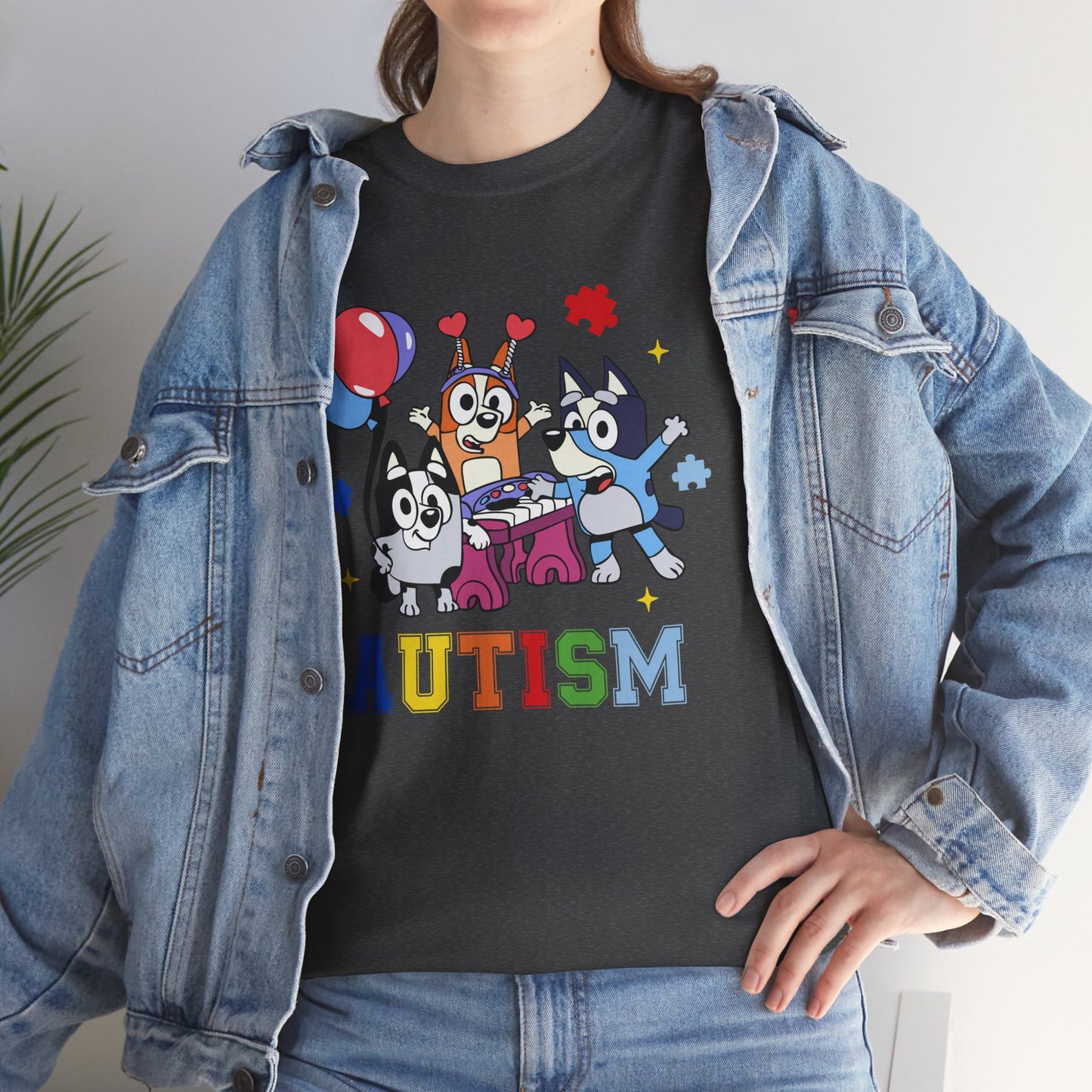Autism Awareness Kids Tee — Colorful Cartoon Characters with 'AUTISM' Text