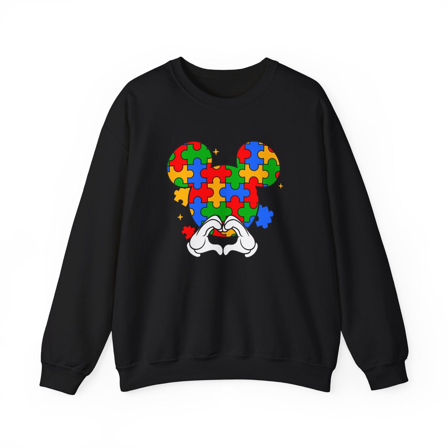 Autism Puzzle Mouse Crewneck Sweatshirt – Colorful Heart Hands Design