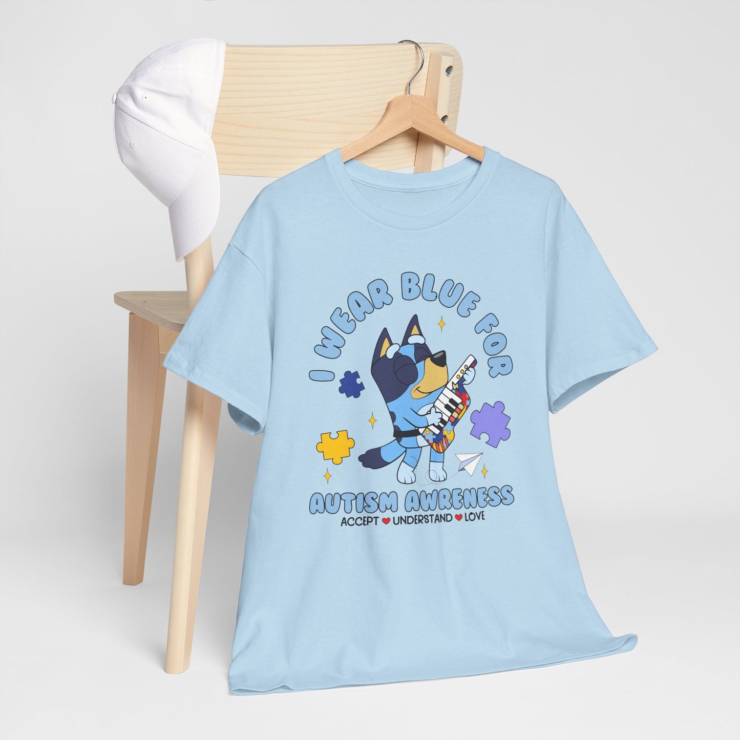 Autism Awareness T-Shirt — "I Wear Blue For" Cute Cat Puzzle Design