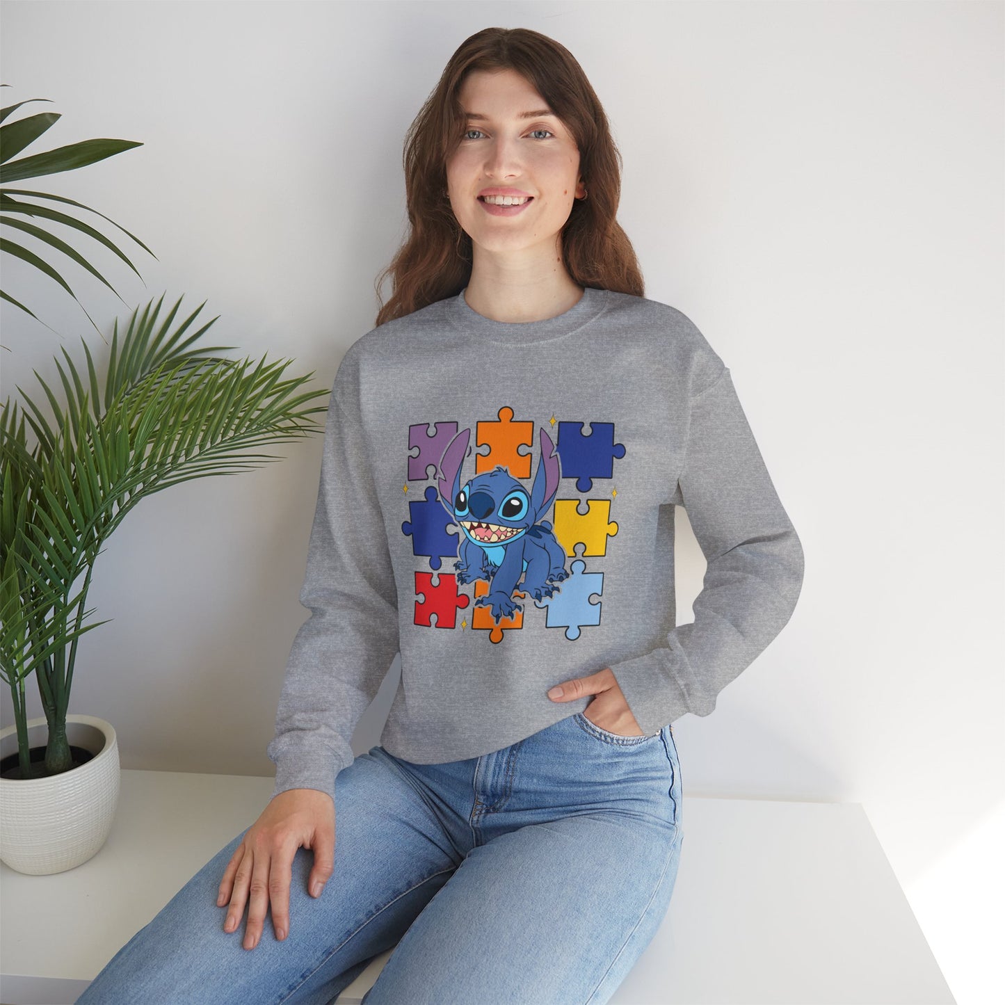 Stitch Puzzle Crewneck Sweatshirt — Cute Blue Alien on Colorful Jigsaw Design