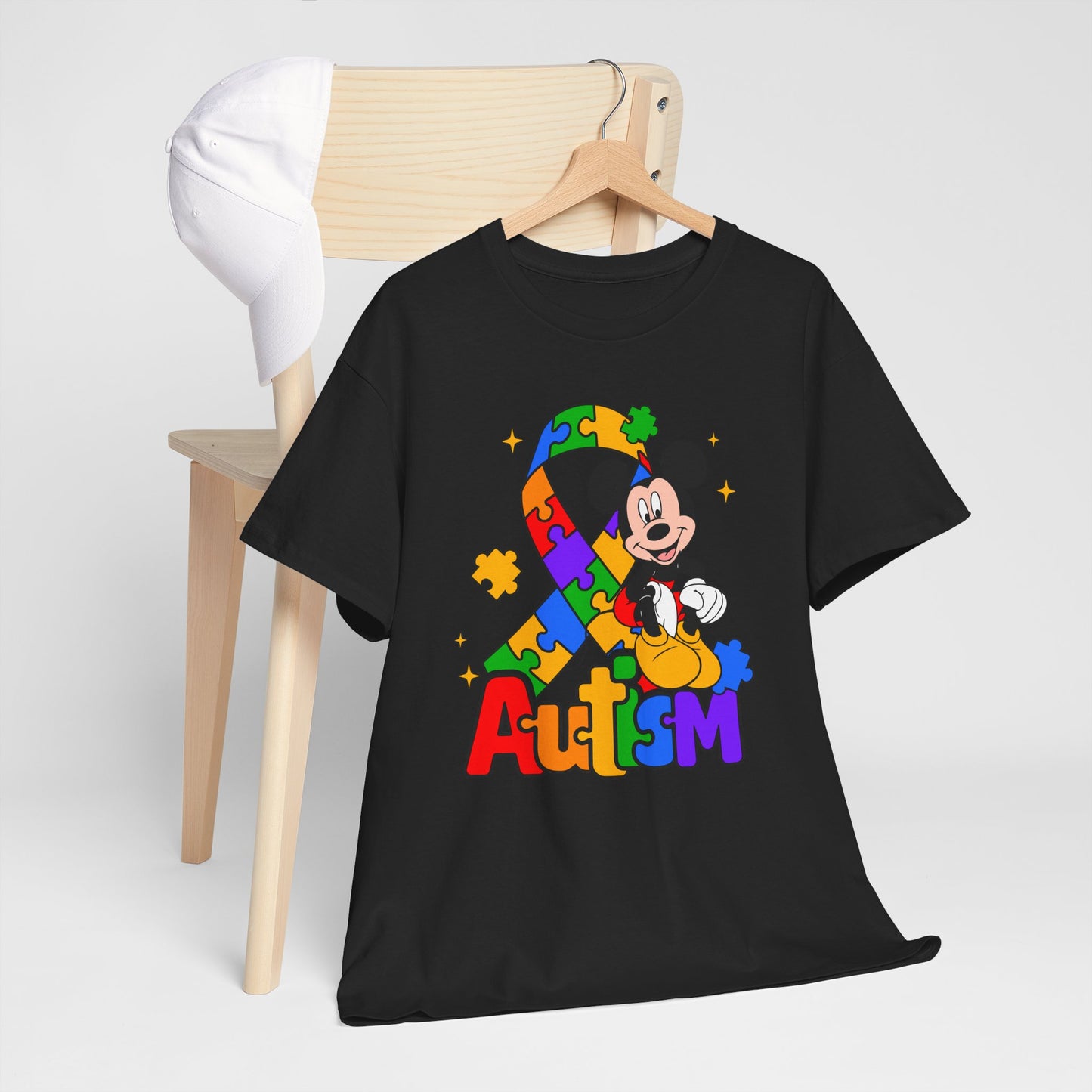 Autism Awareness Tee — Colorful Puzzle Ribbon & Cartoon Mouse Design
