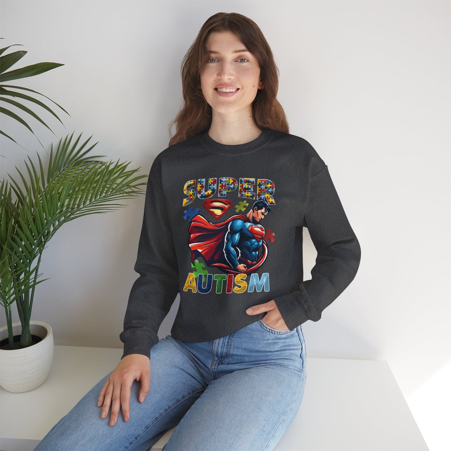 Autism Awareness Crewneck Sweatshirt – "Super Autism" Puzzle-Print Superhero Design