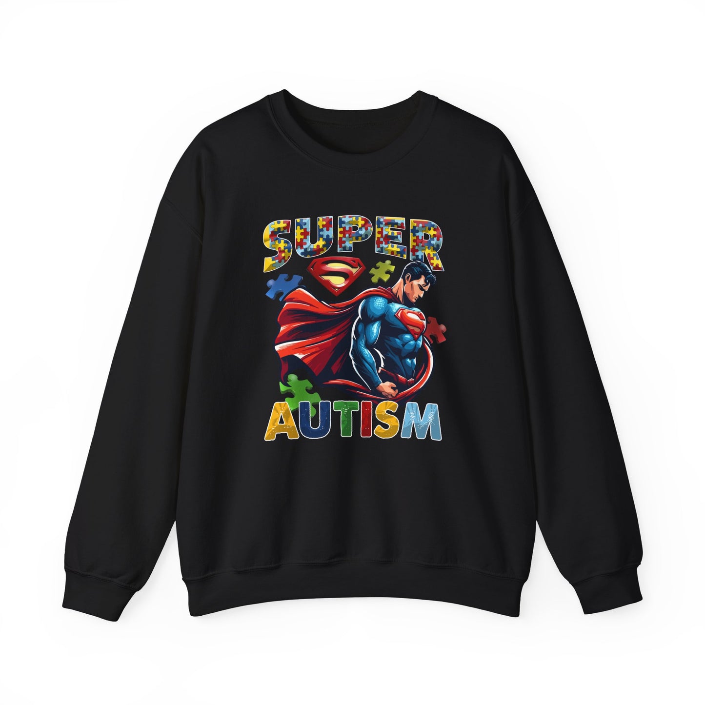 Autism Awareness Crewneck Sweatshirt – "Super Autism" Puzzle-Print Superhero Design