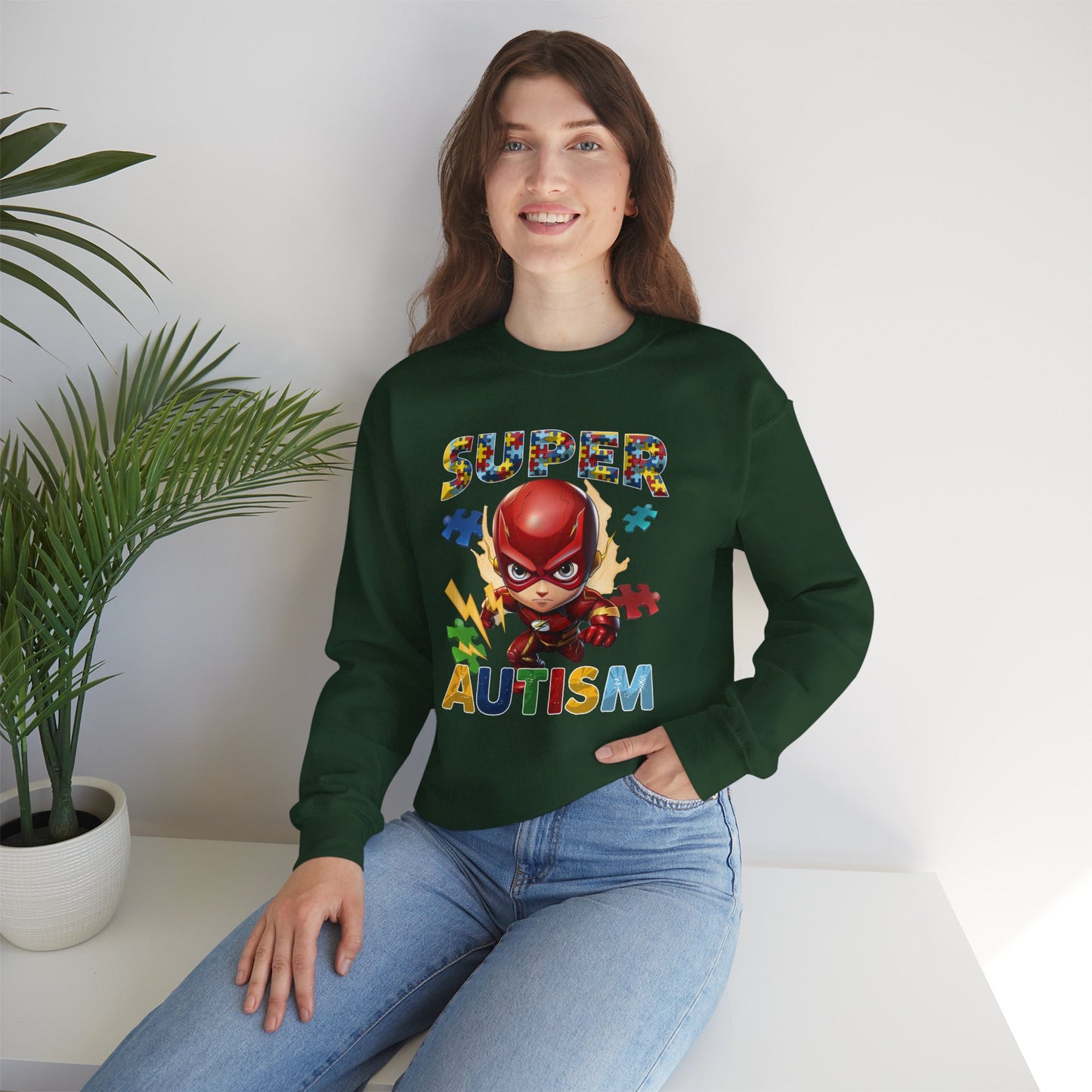 Autism Superhero Sweatshirt — Colorful Puzzle Piece Awareness Crewneck
