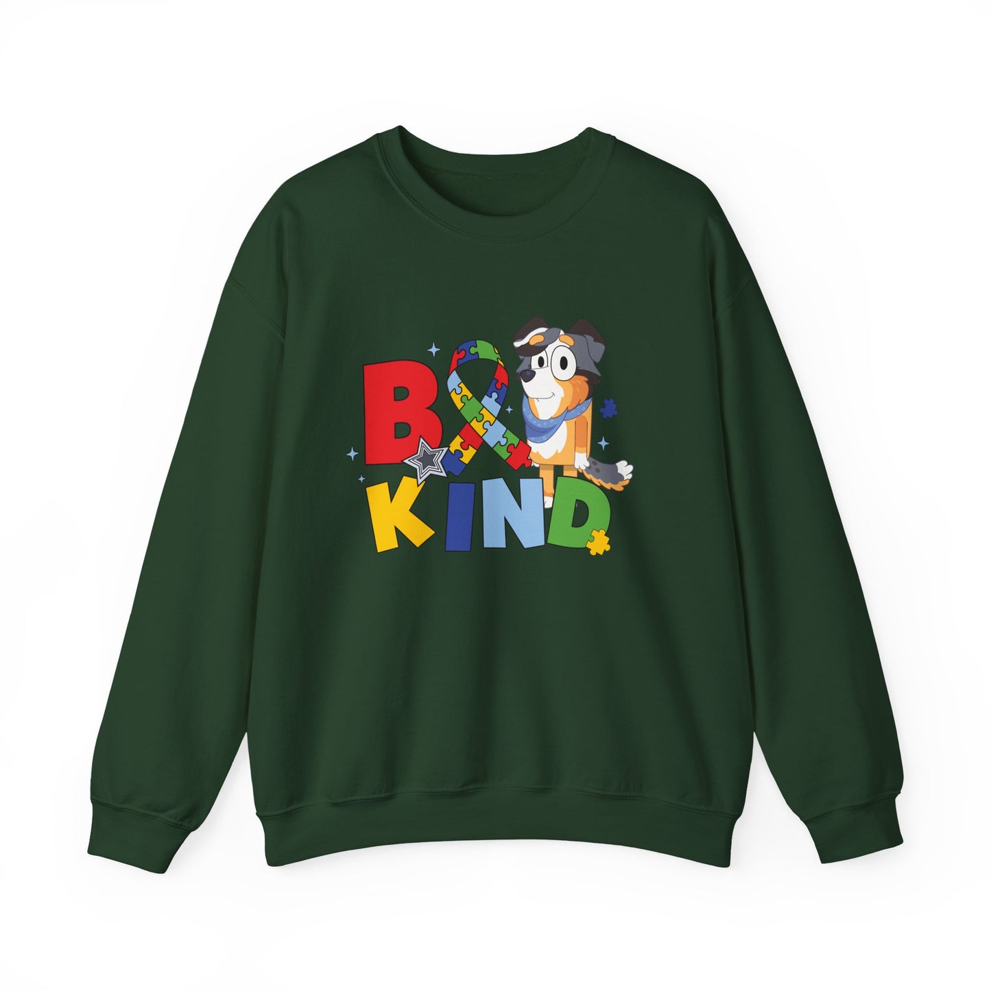 Be Kind Crewneck Sweatshirt — Autism Awareness Puzzle Ribbon Dog Design
