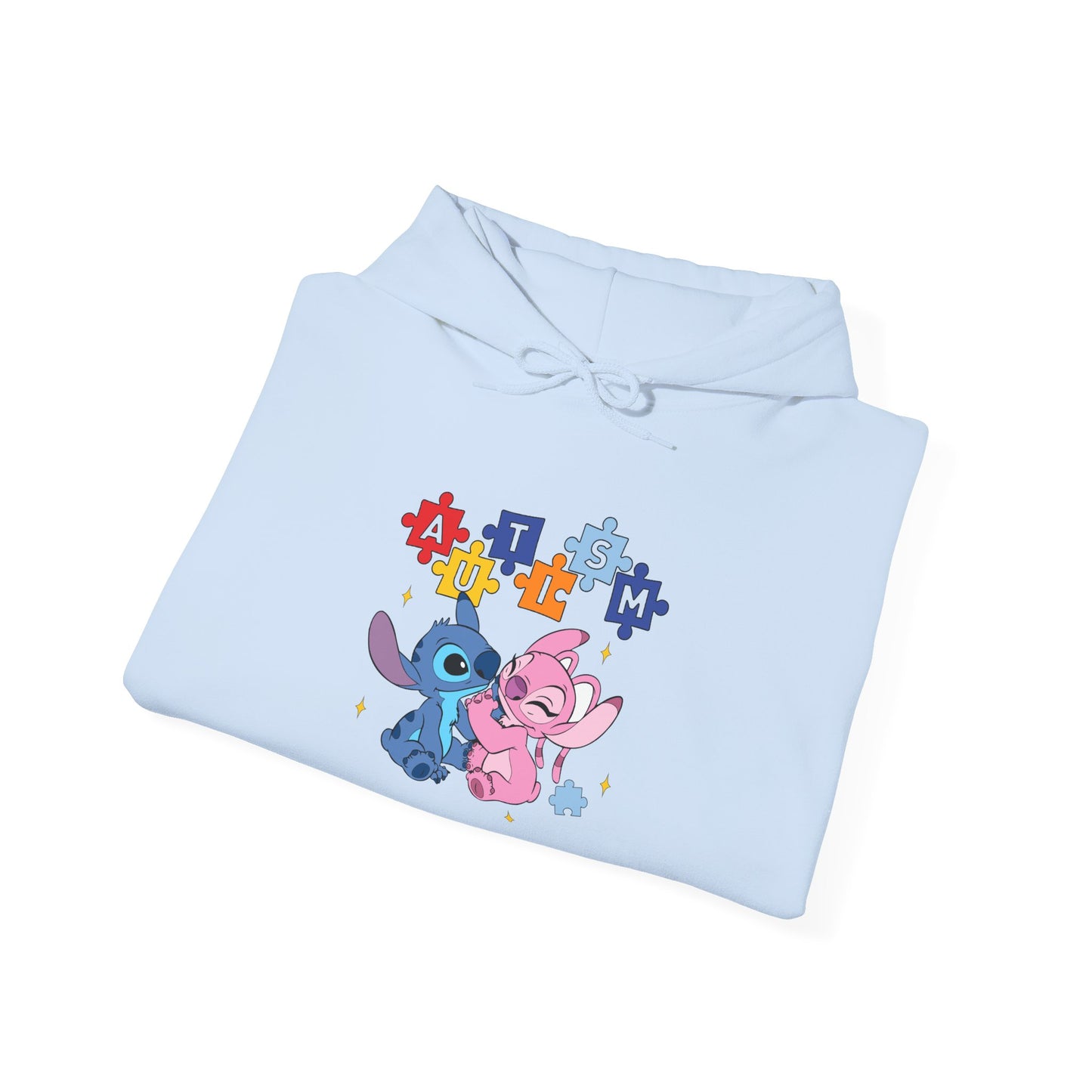 Cute Alien Pals Hoodie — Pink & Blue Cartoon Stitch-Style Characters with Puzzle Heart