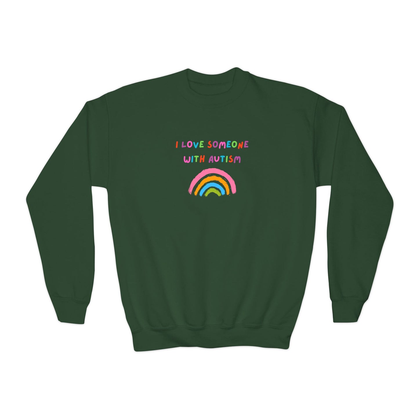 Youth Crewneck Sweatshirt — "I Love Someone With Autism" Rainbow Awareness Pullover