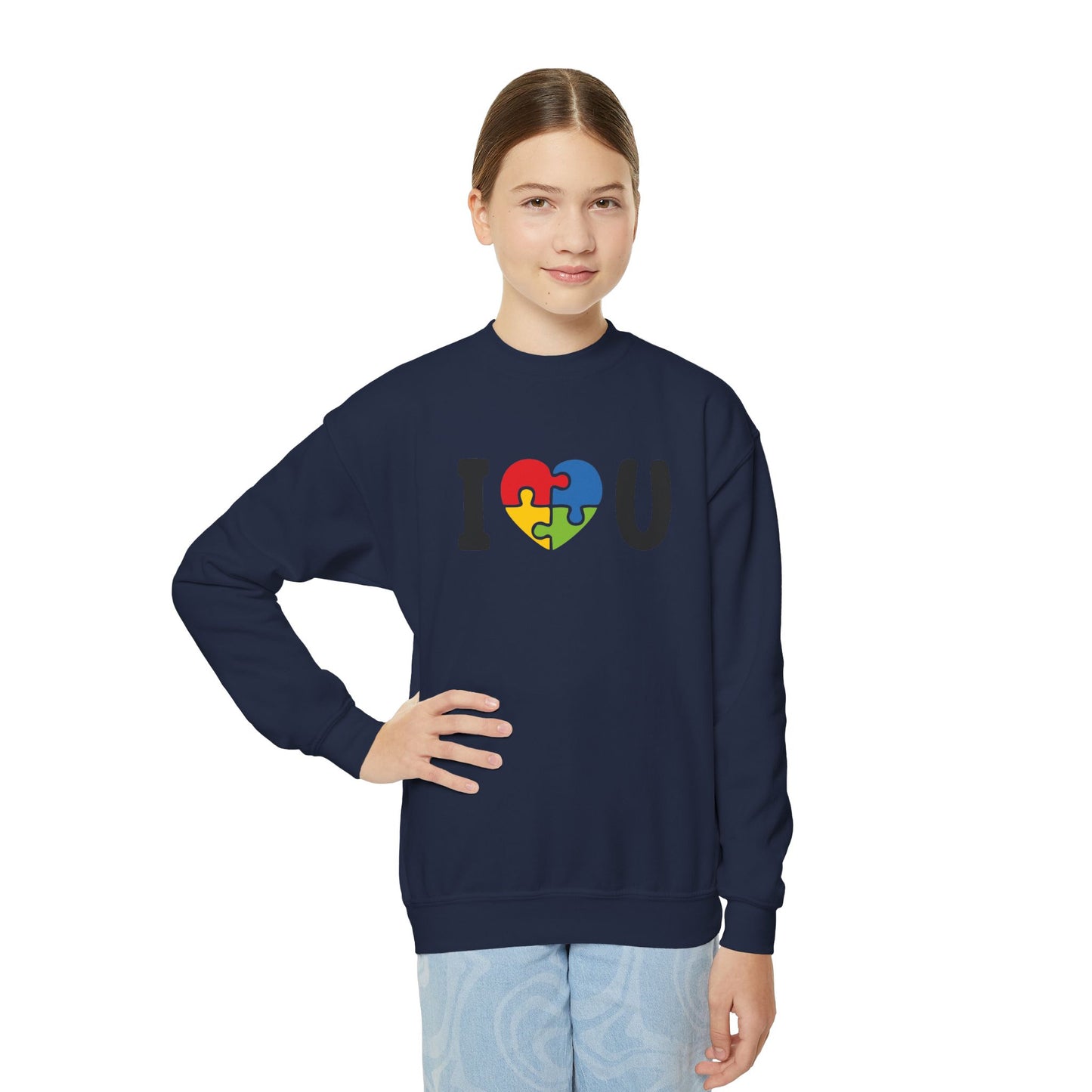 Colorful I  U Puzzle Heart Youth Crewneck Sweatshirt
