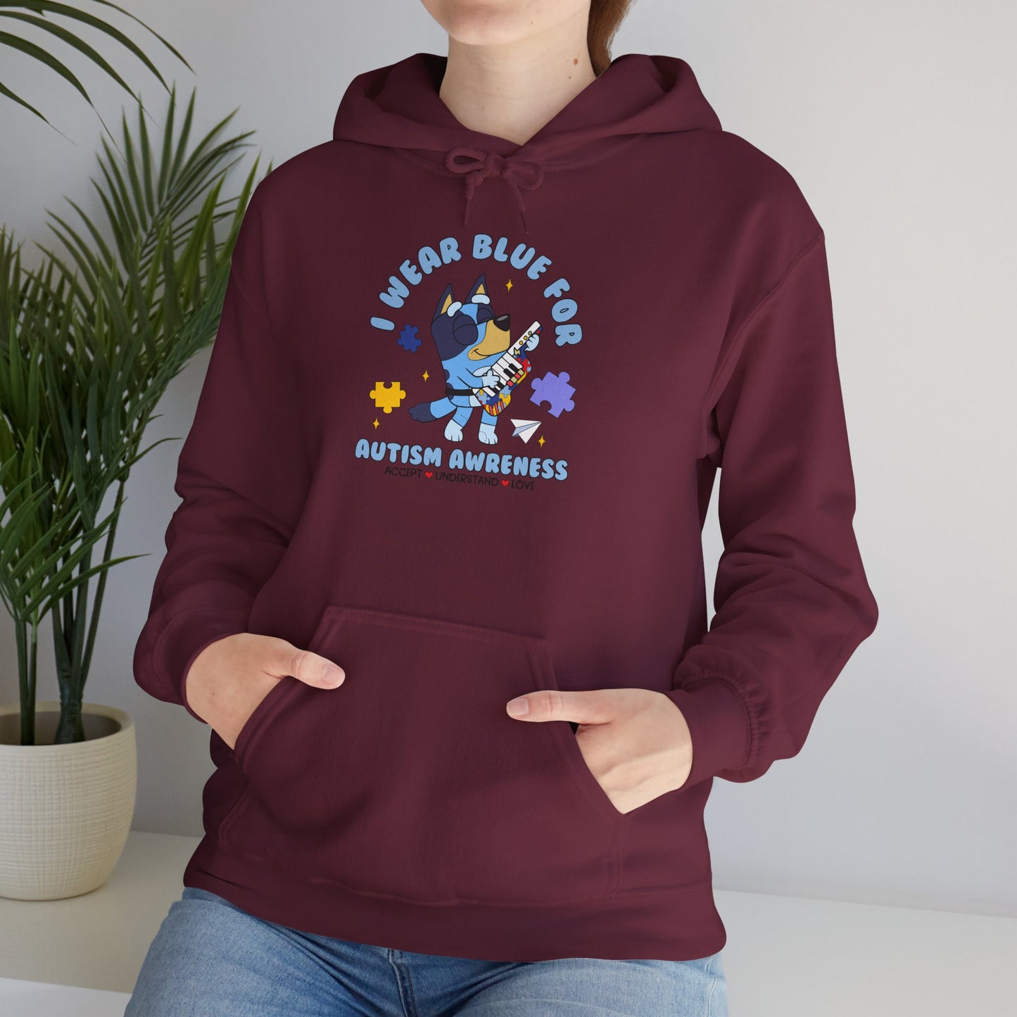 Hoodie — Cute Blue Dog “I Wear Blue for Autism” Graphic Hoodie (Cozy Pet Lover Gift)