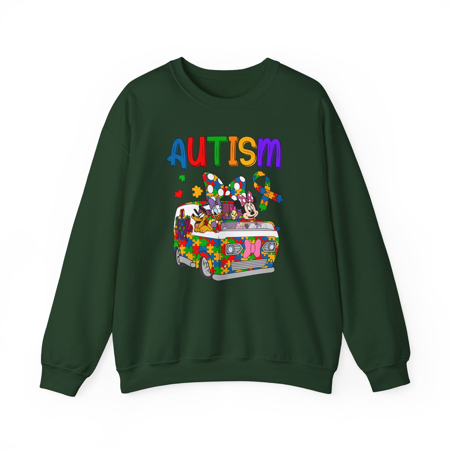 Autism Awareness Crewneck Sweatshirt — Colorful Puzzle Van Design