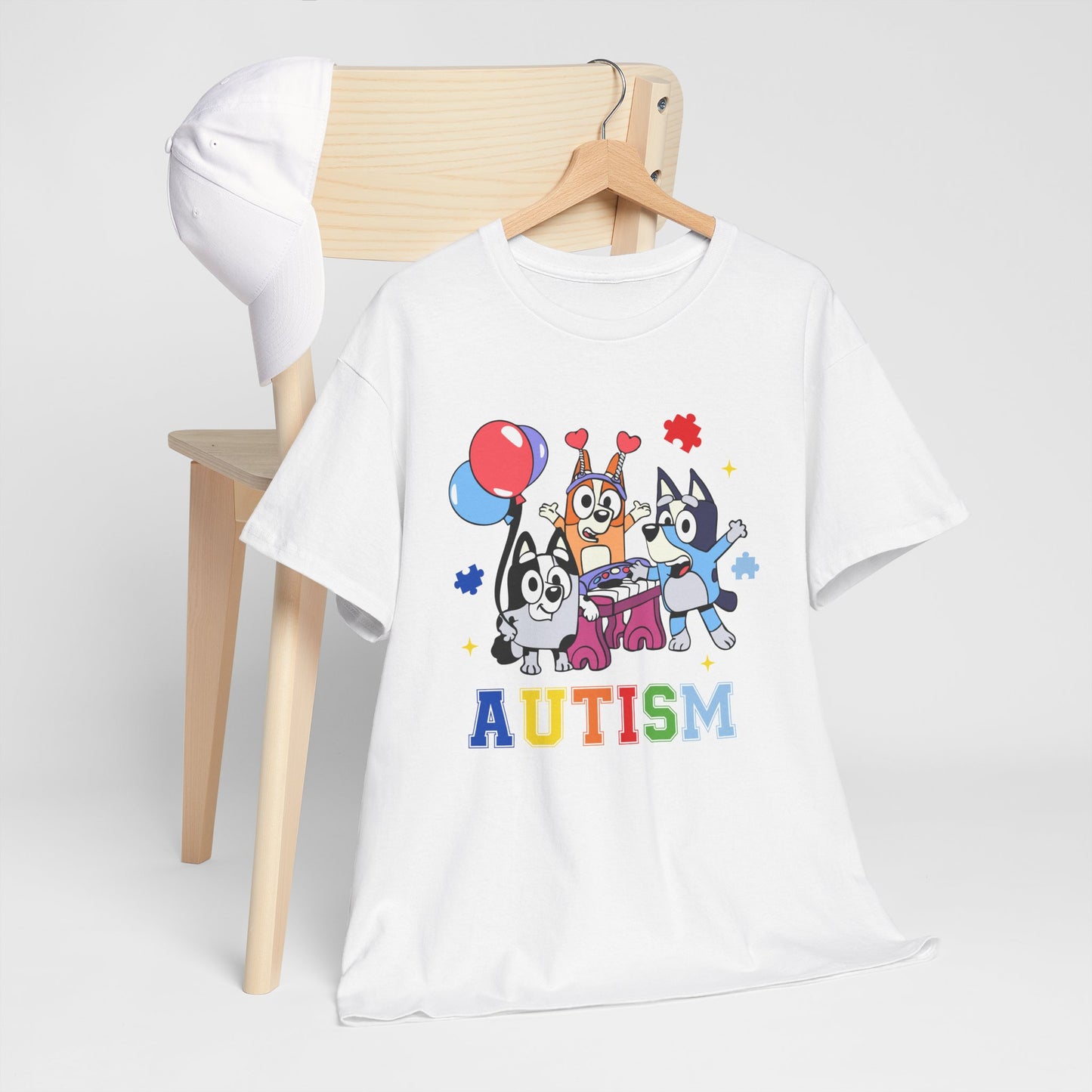Autism Awareness Kids Tee — Colorful Cartoon Characters with 'AUTISM' Text