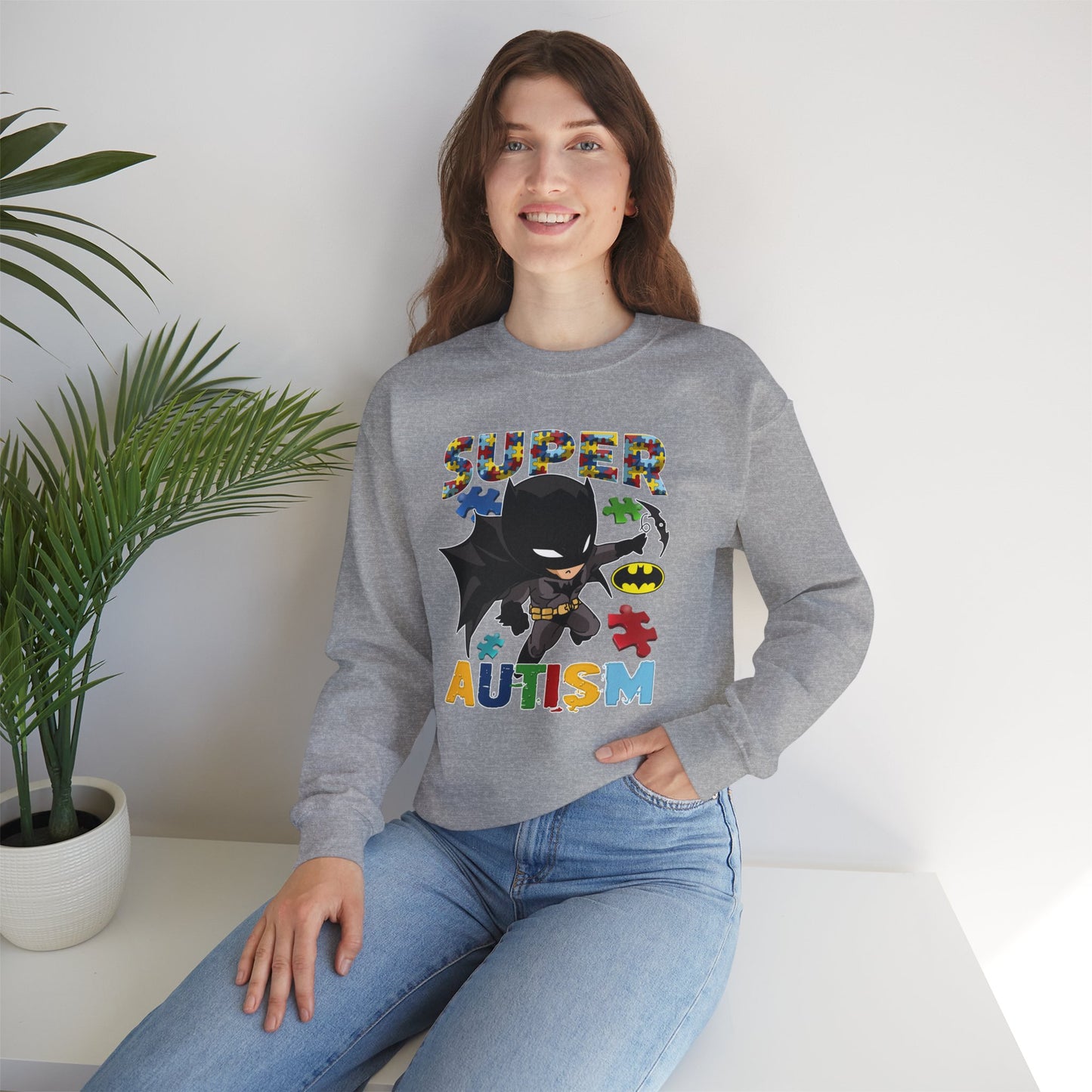 Autism Superhero Crewneck Sweatshirt — "Super Autism" Puzzle-Heart Design